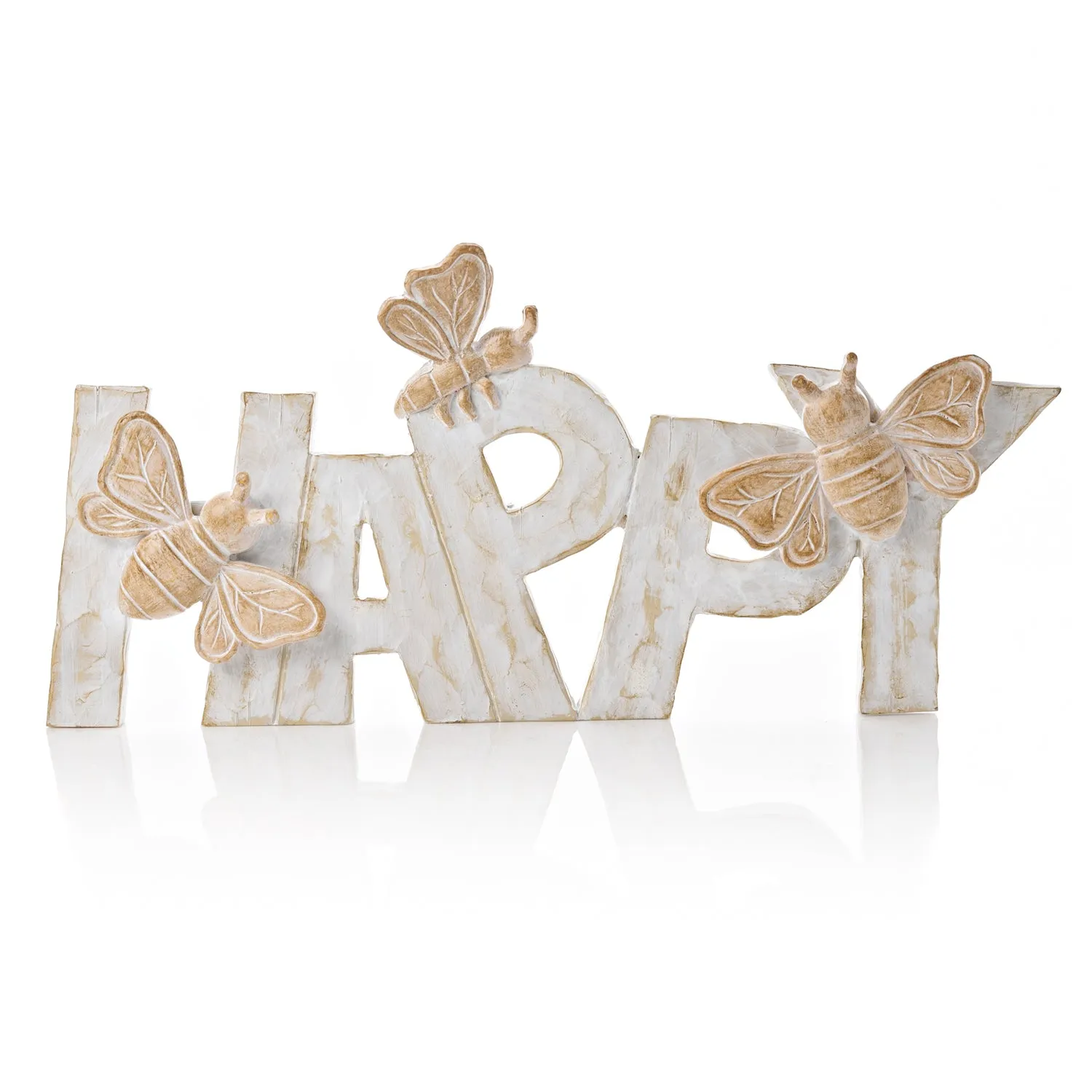 Happy Bee Ornament - White, Wood Effect Resin