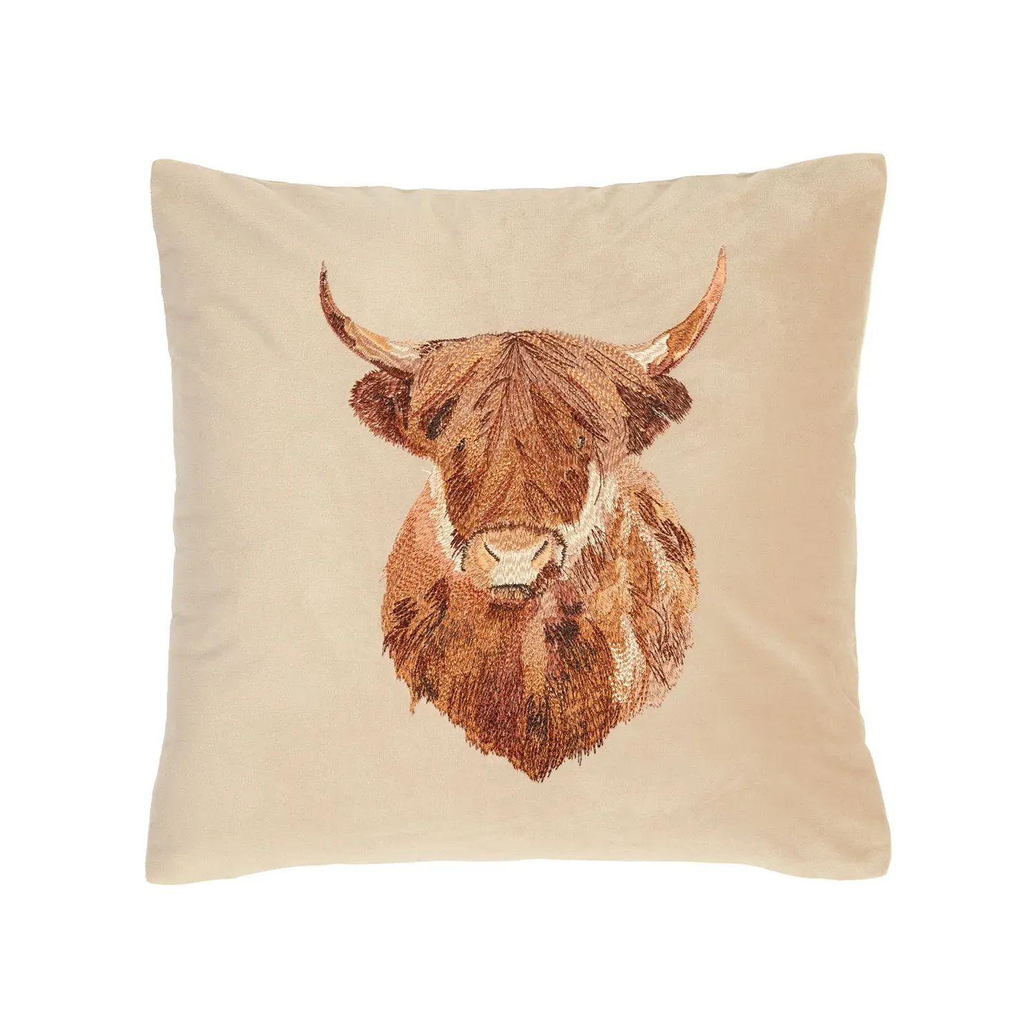 Harold Highland Cow Embroidered Velvet Cushion - Natural product