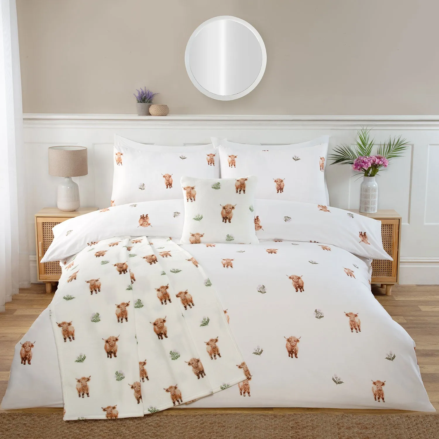 Hattie Highland Cow Double Bedding & Throw Bundle - White by Julian Charles