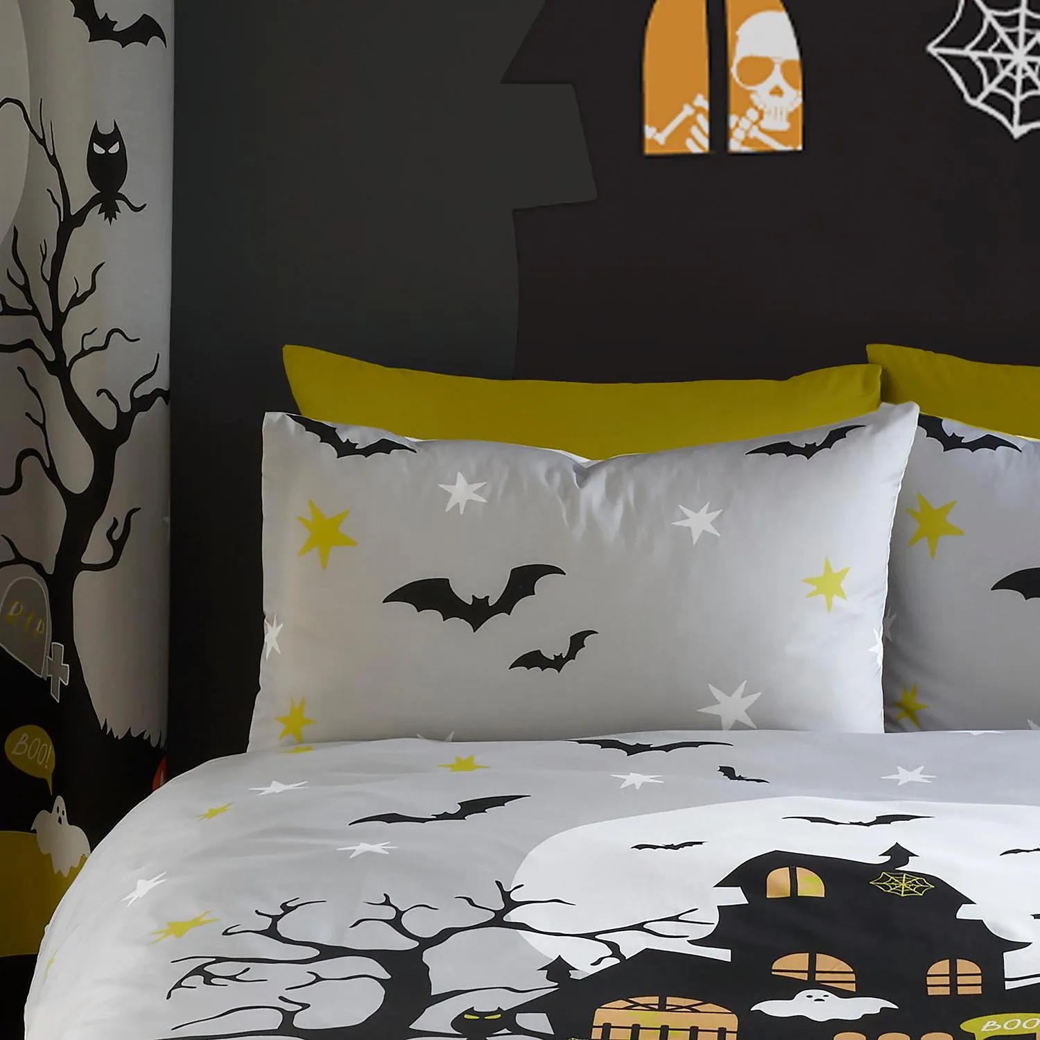 Haunted House Single Duvet Cover Set Glow in the Dark - Grey by Julian Charles, alternate view