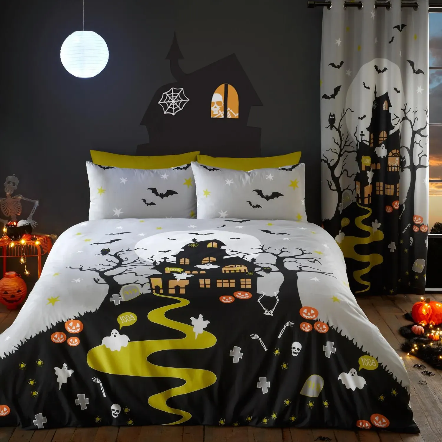 Haunted House Single Duvet Cover Set Glow in the Dark - Grey by Julian Charles