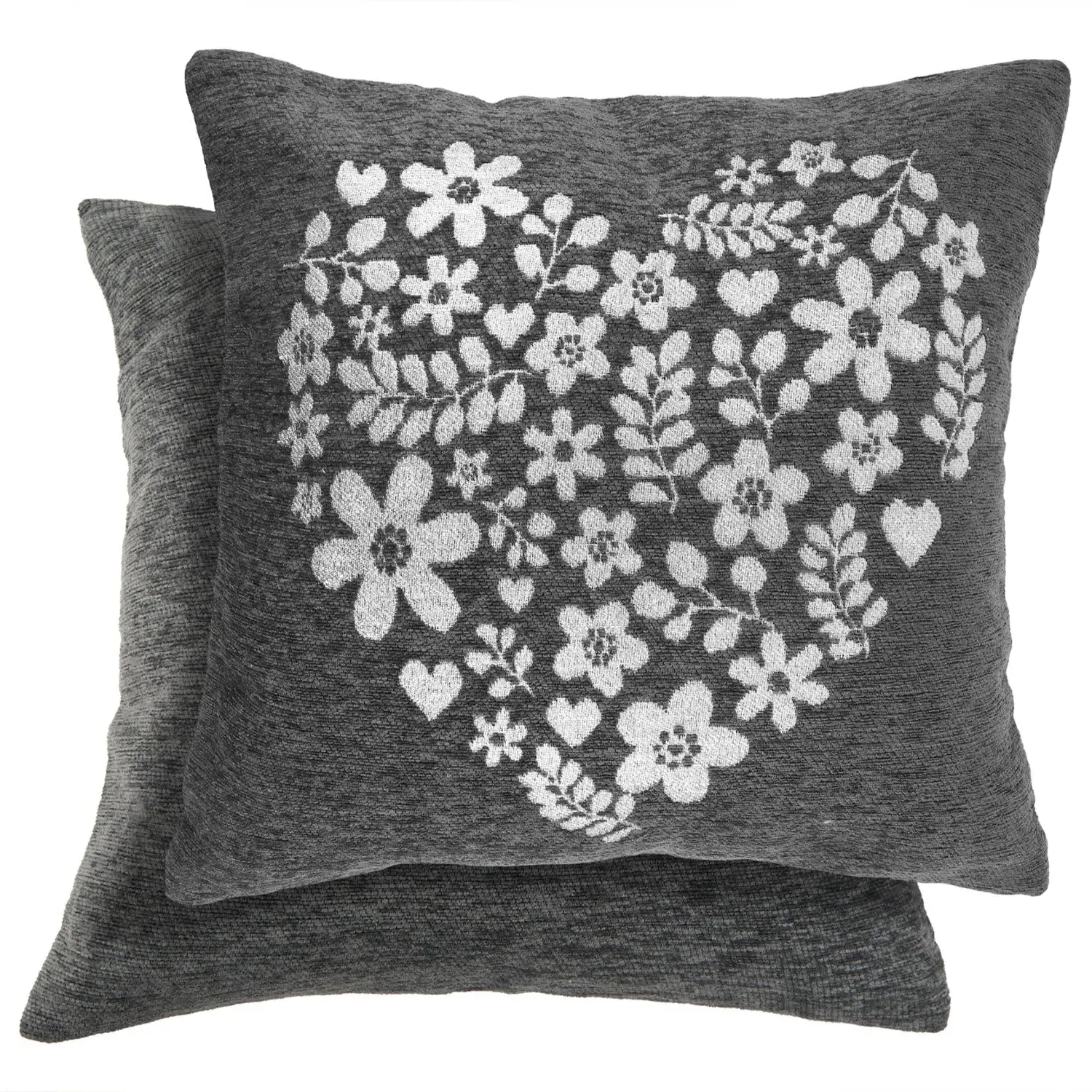 Heart Cushion Covers Pair - Grey, Chenille