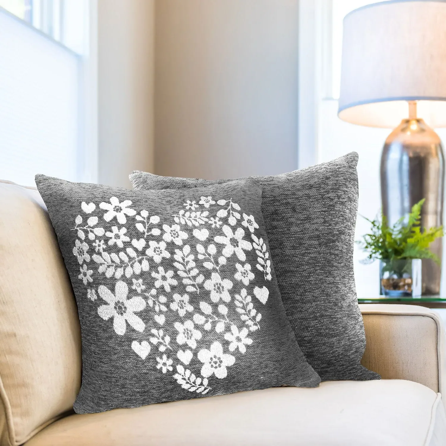 Heart Cushion Covers Pair - Grey, Chenille