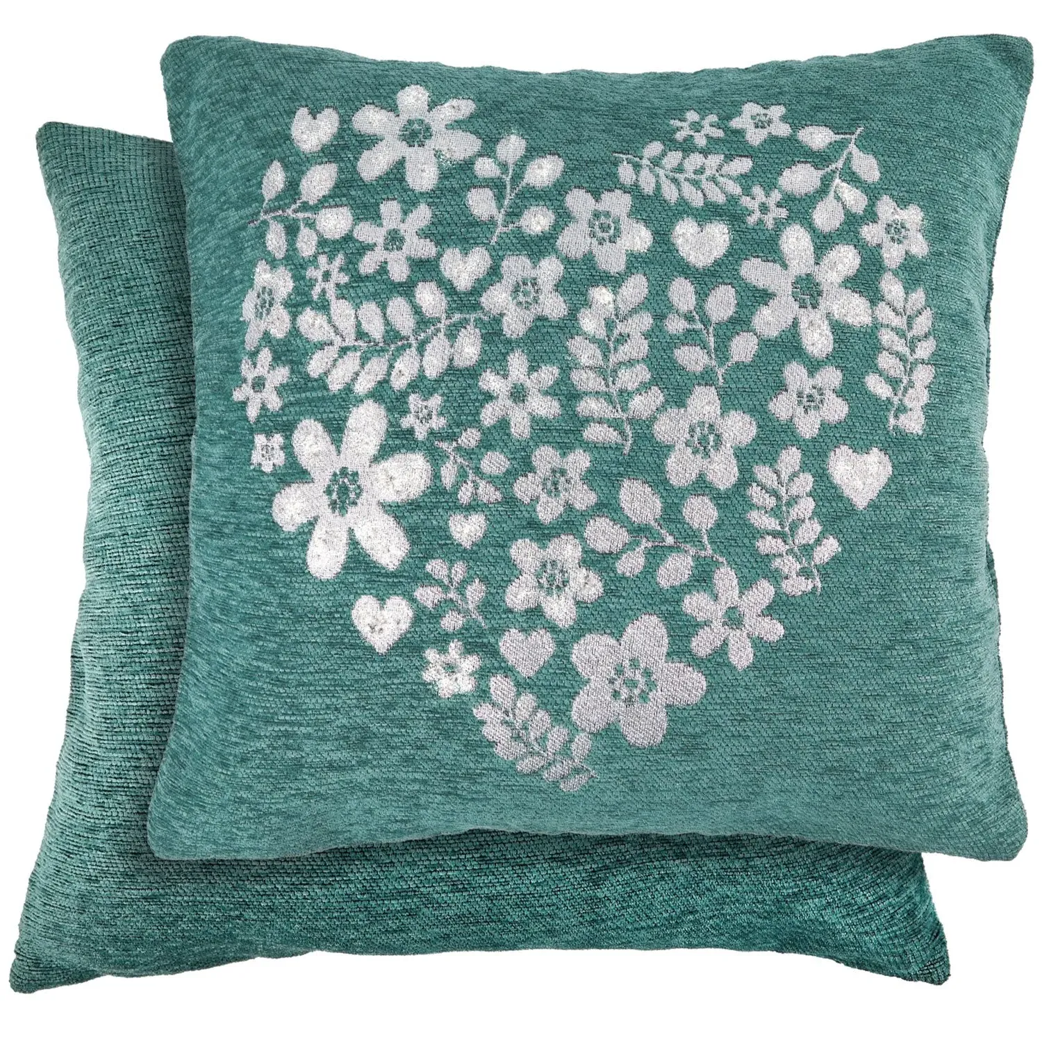 Heart Cushion Covers Pair - Teal, Chenille