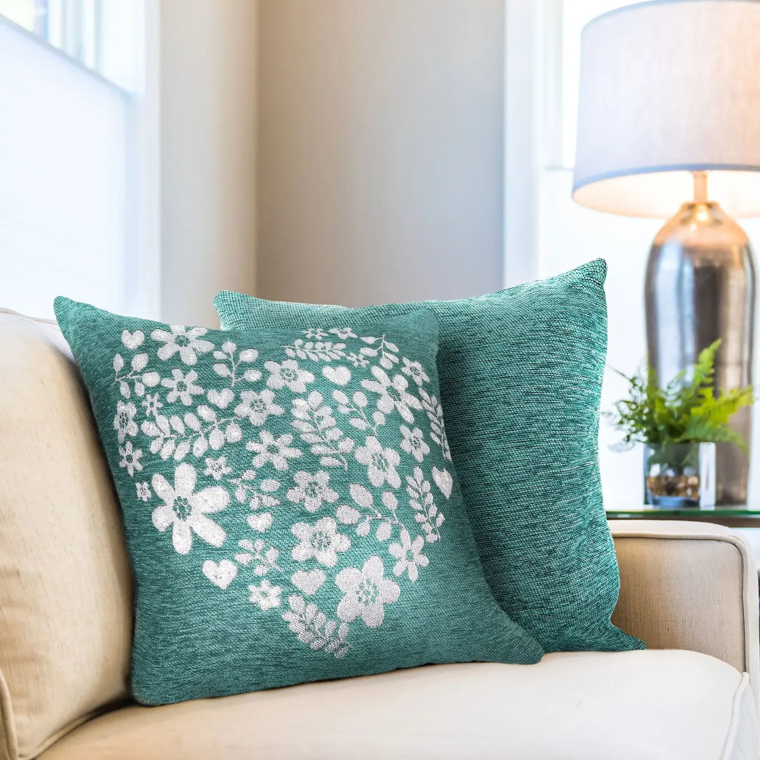 Heart Cushion Covers Pair - Teal, Chenille