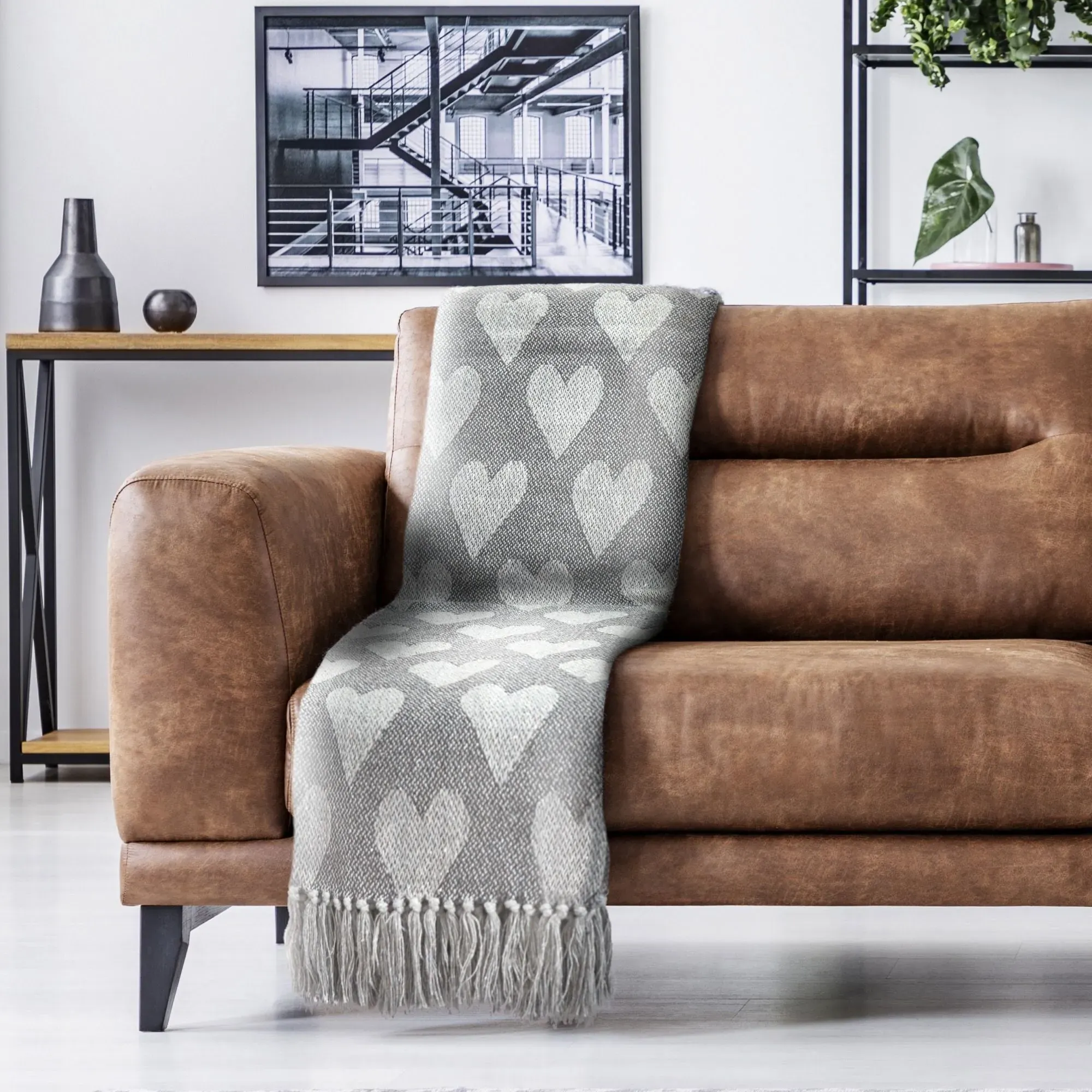 Heart Pattern Throw - Grey, Recycled Cotton