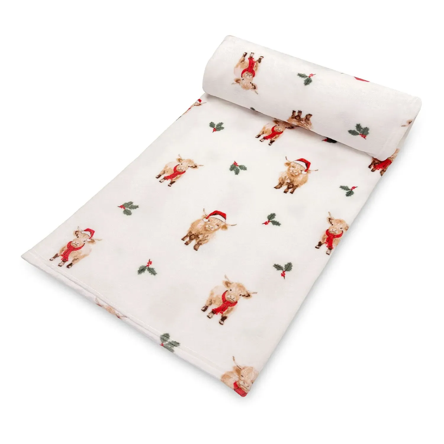 Henry Highland Cow Christmas Fleece Throw - White by Julian Charles, alternate view
