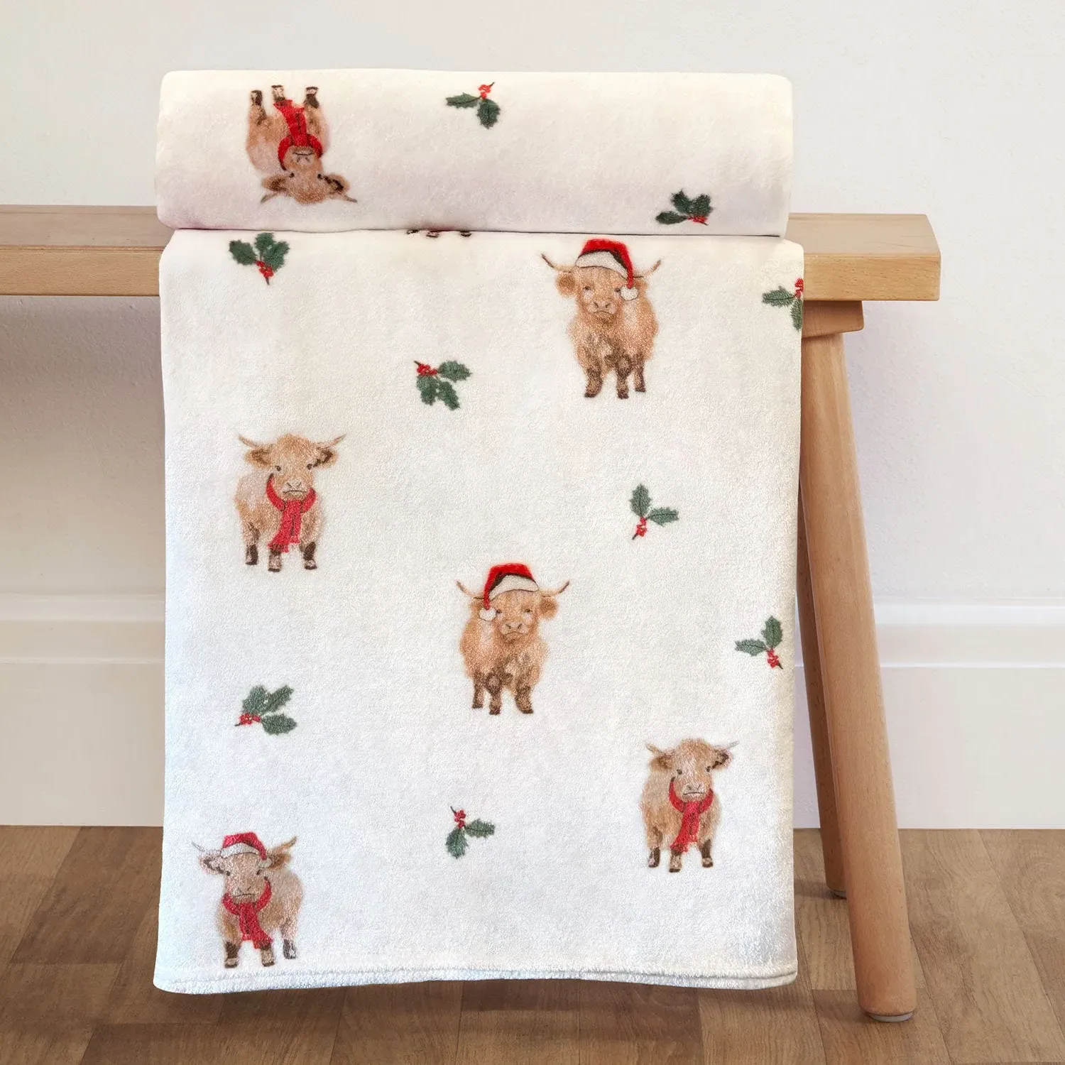 Henry Highland Cow Christmas Fleece Throw - White by Julian Charles