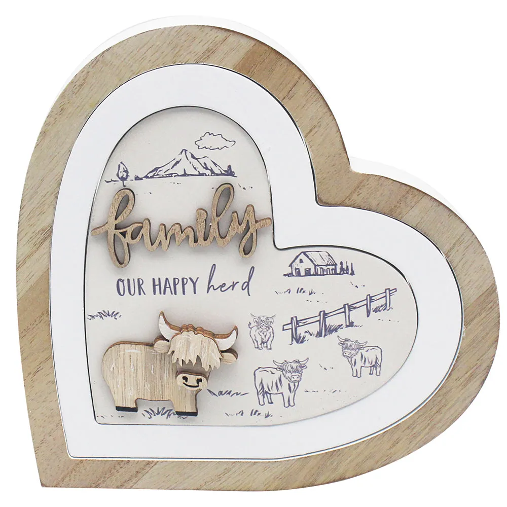 Highland Cow 3D Heart-Shaped Wooden Plaque - Natural by Julian Charles