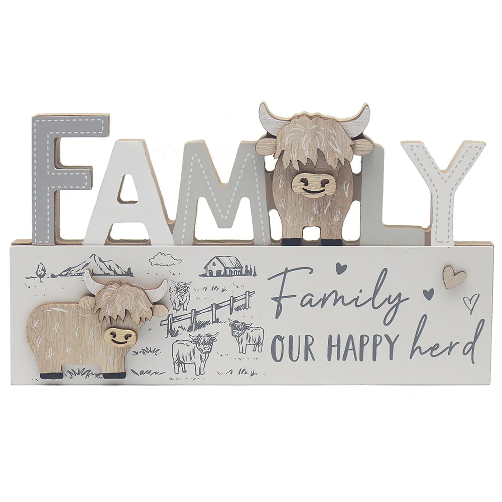 Highland Cow Family Wooden Plaque - Natural by Julian Charles