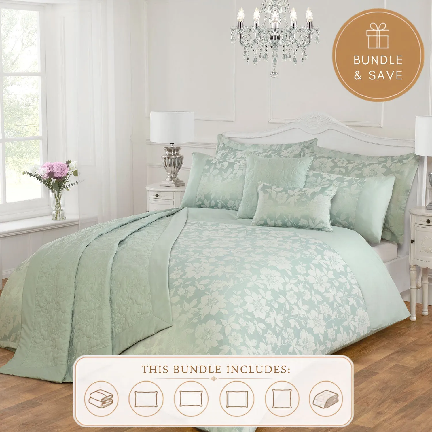 Lottie Single 6 Piece Bedding Bundle - Soft Green, Jacquard product