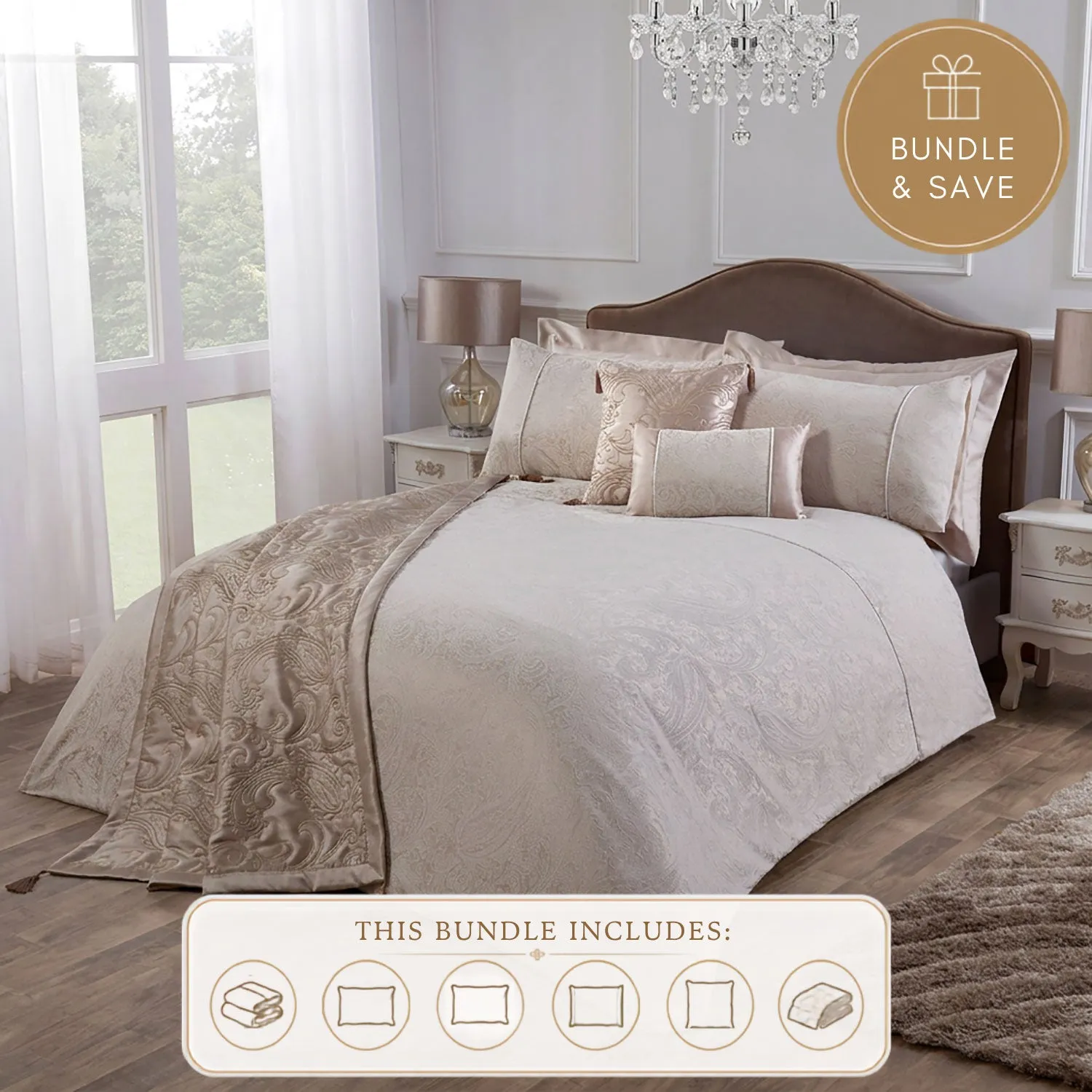 Paisley Single 6 Piece Bedding Bundle - Natural, Jacquard product