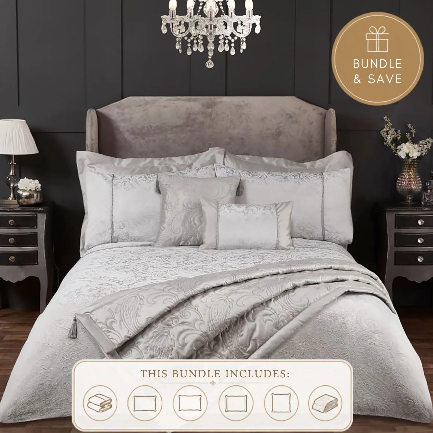 Paisley Single 6 Piece Bedding Bundle - Silver, Jacquard product