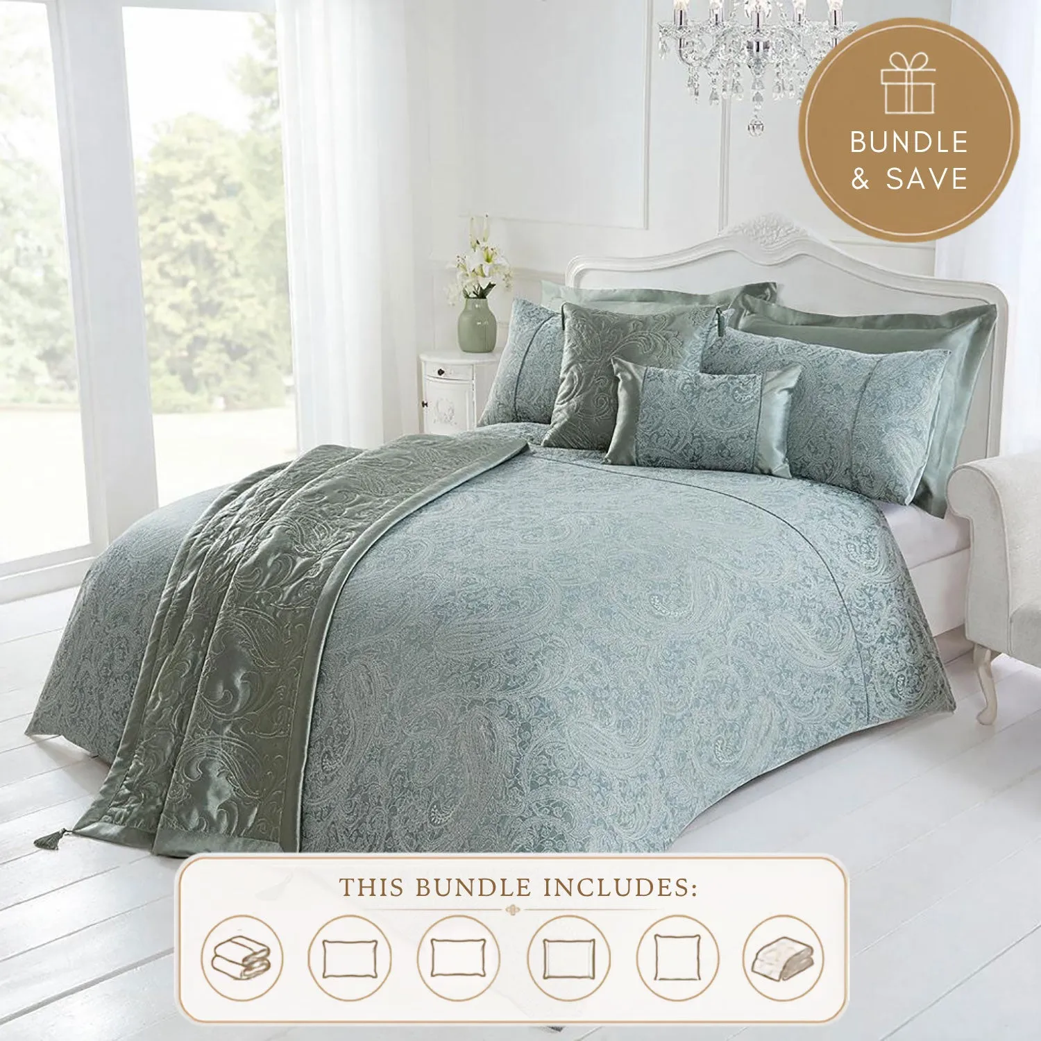 Paisley Single 6 Piece Bedding Bundle - Soft Green, Jacquard product
