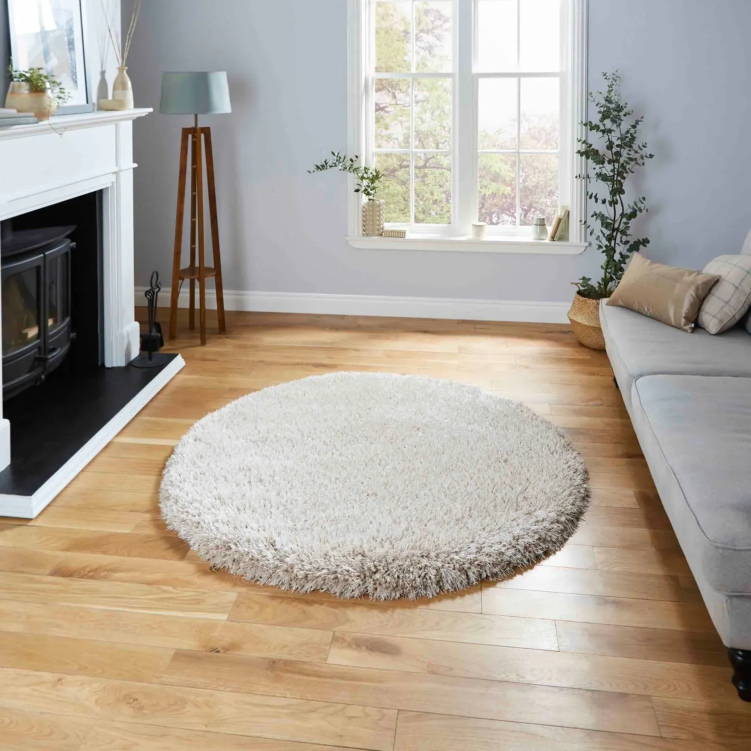 Round Shaggy Rug 8cm Pile - Beige, Hand-Tufted