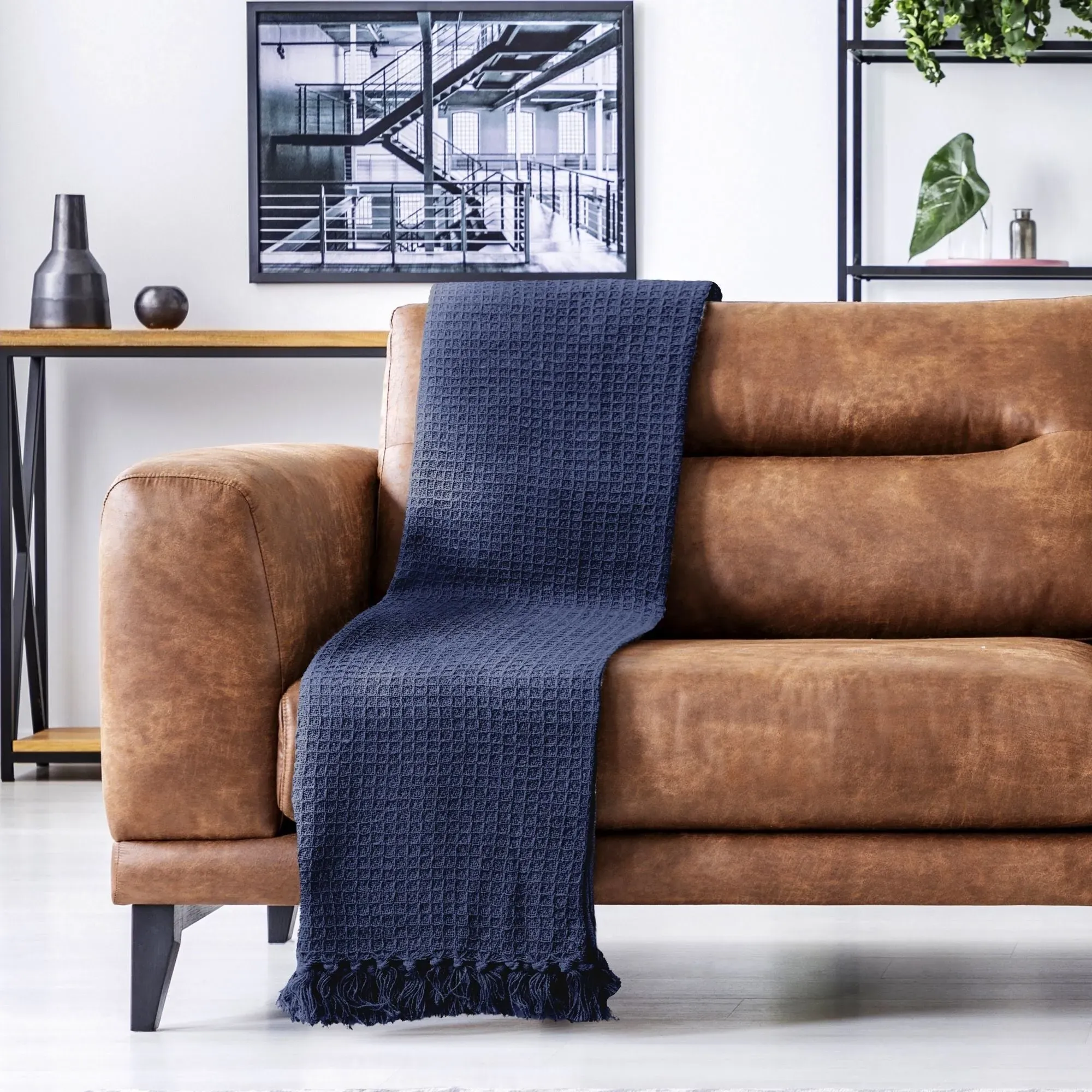 Honeycomb Throw with Tassels - Blue, Cotton