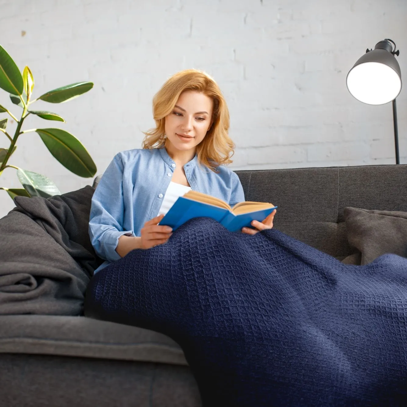 Honeycomb Throw with Tassels - Blue, Cotton