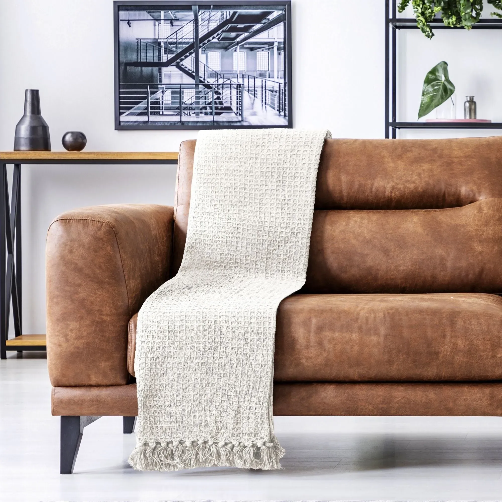 Honeycomb Throw with Tassels - Cream, Cotton