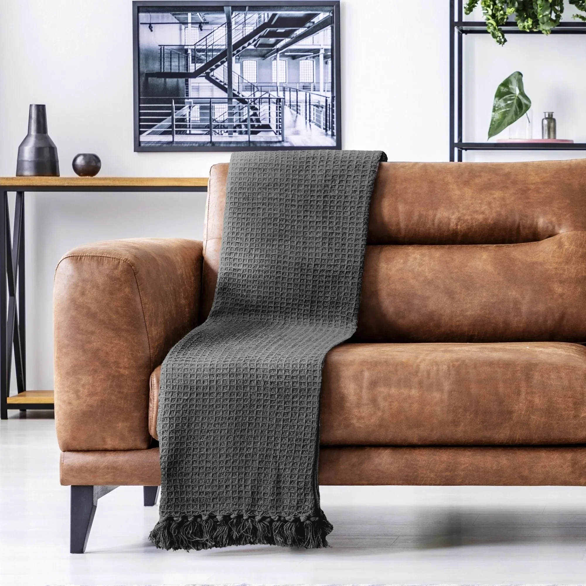 Honeycomb Throw with Tassels - Grey, Cotton