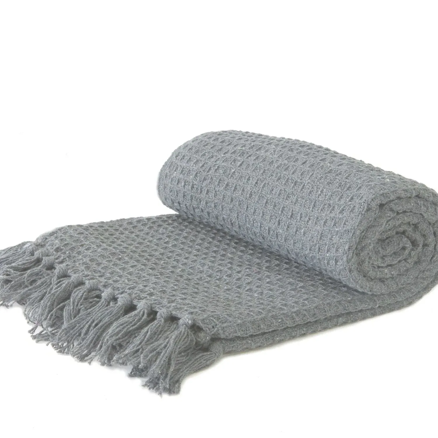Honeycomb Throw with Tassels - Grey, Cotton
