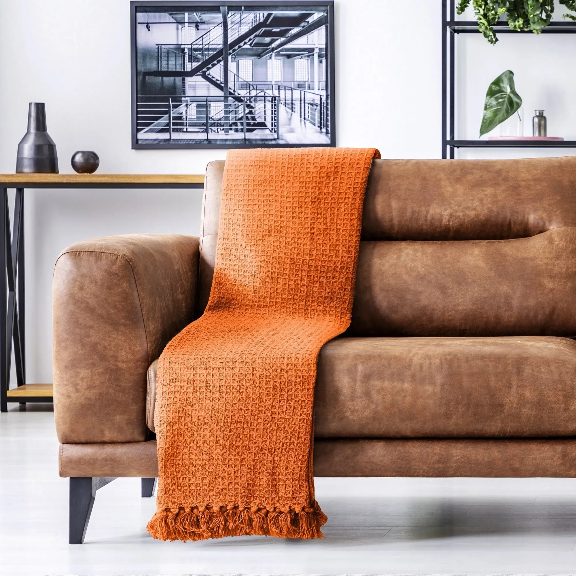 Honeycomb Throw with Tassels - Orange, Cotton