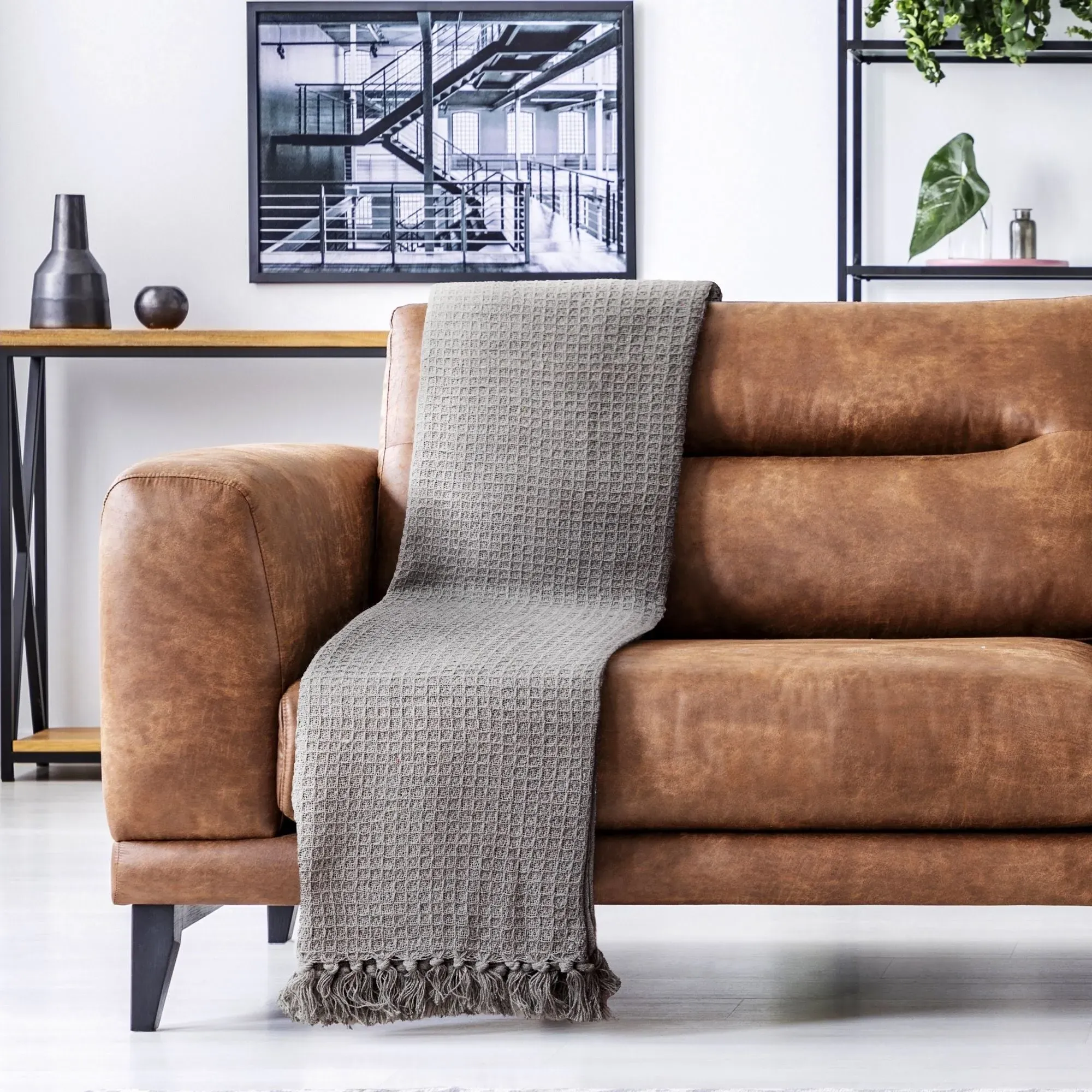 Honeycomb Throw with Tassels - Silver, Cotton