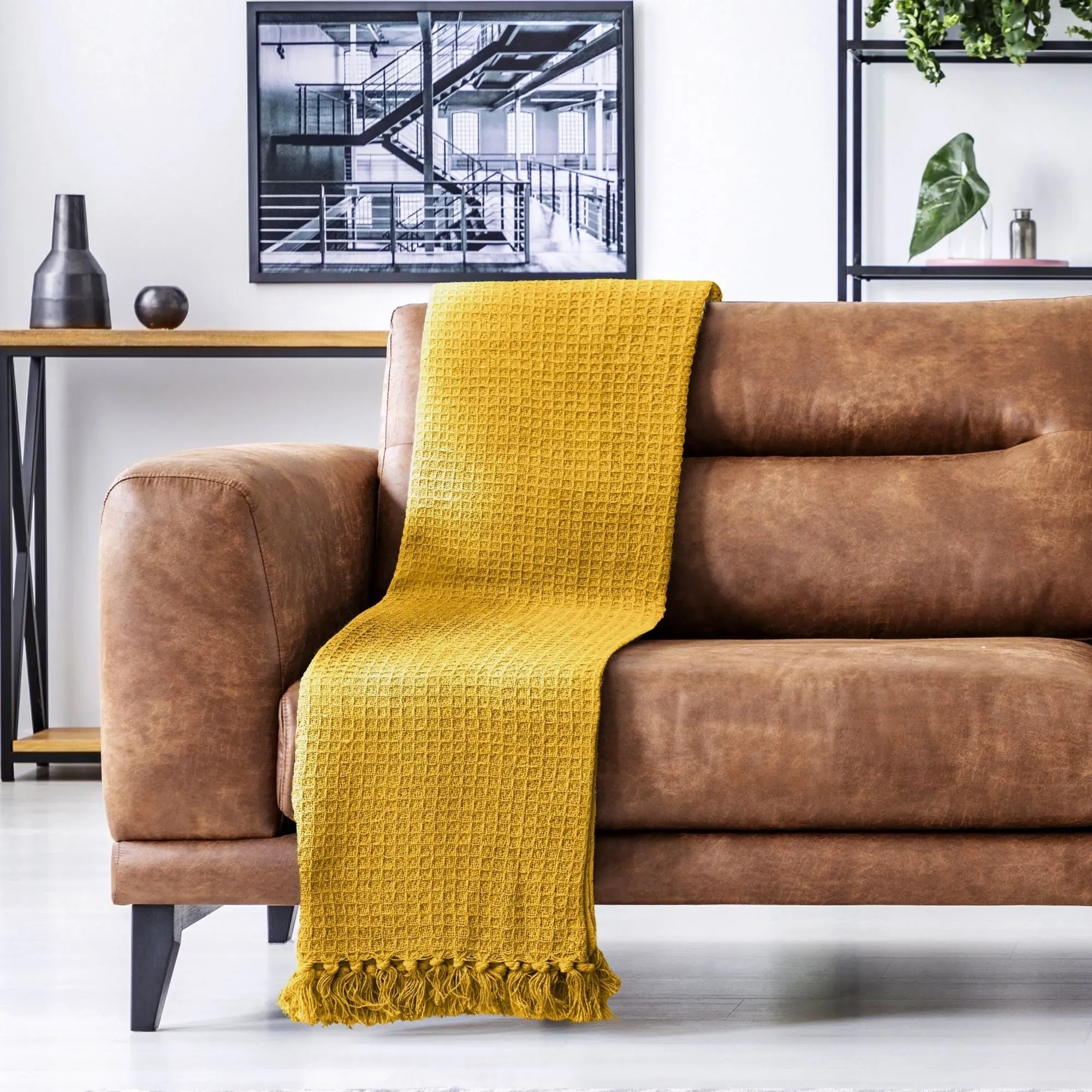 Honeycomb Throw with Tassels - Yellow, Cotton