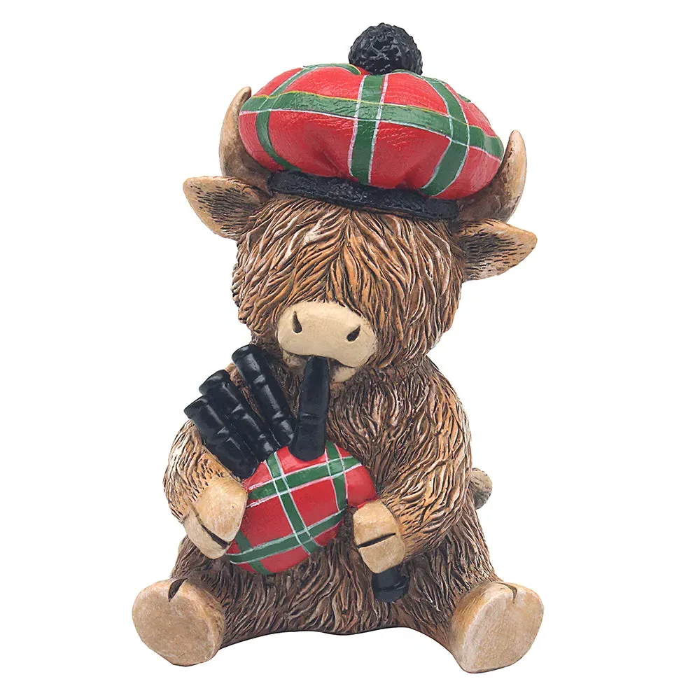Hughie Highland Cow Tartan Piper Figurine - Ceramic by Julian Charles