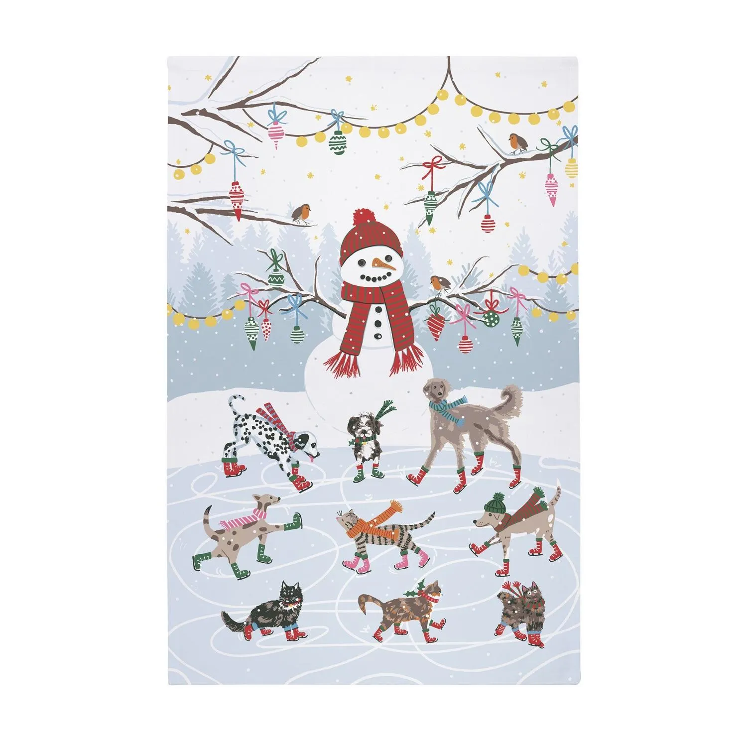 Ice Skating Animals Cotton Tea Towel - Blue by Julian Charles
