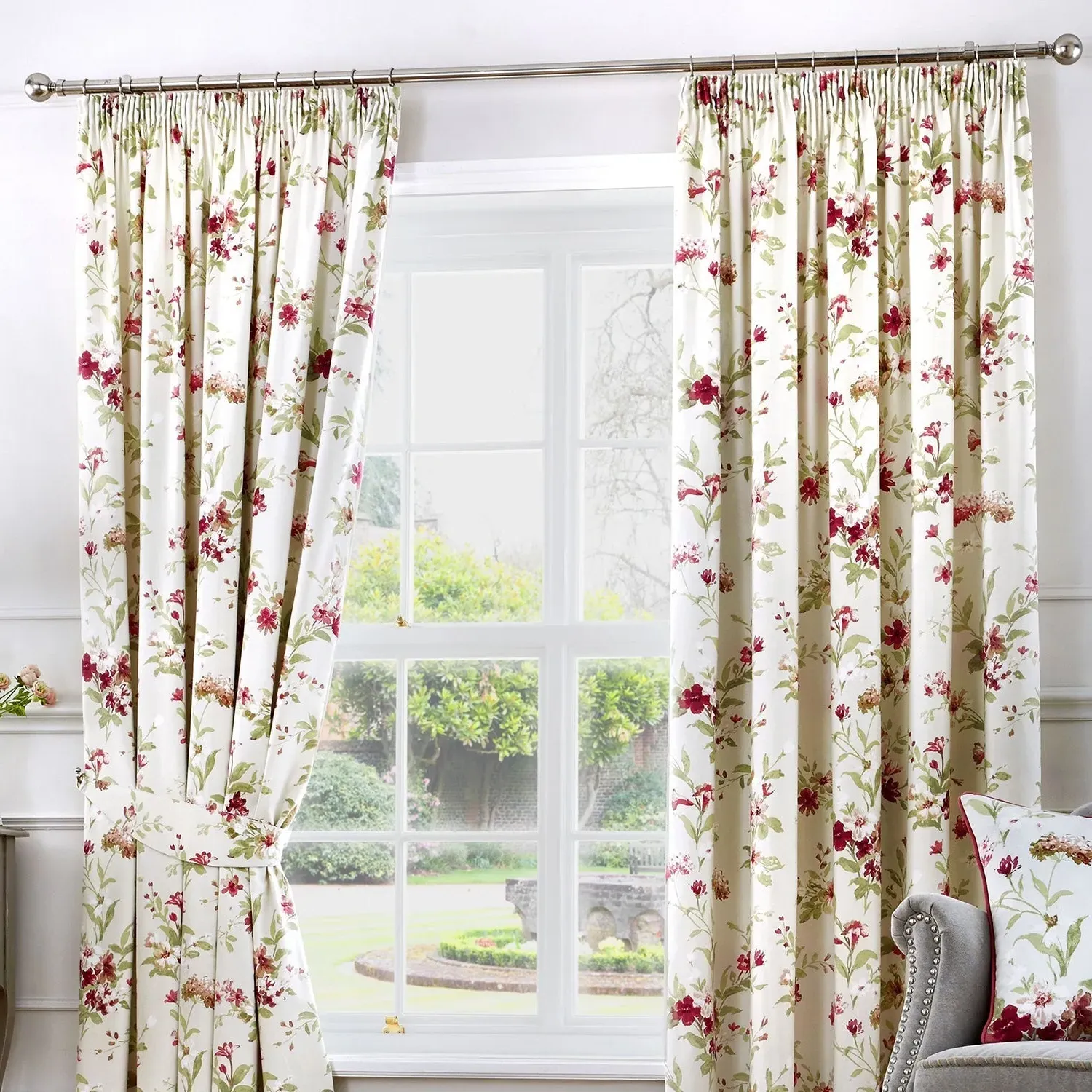 Jeannie Floral Pencil Pleat Curtains - Red product