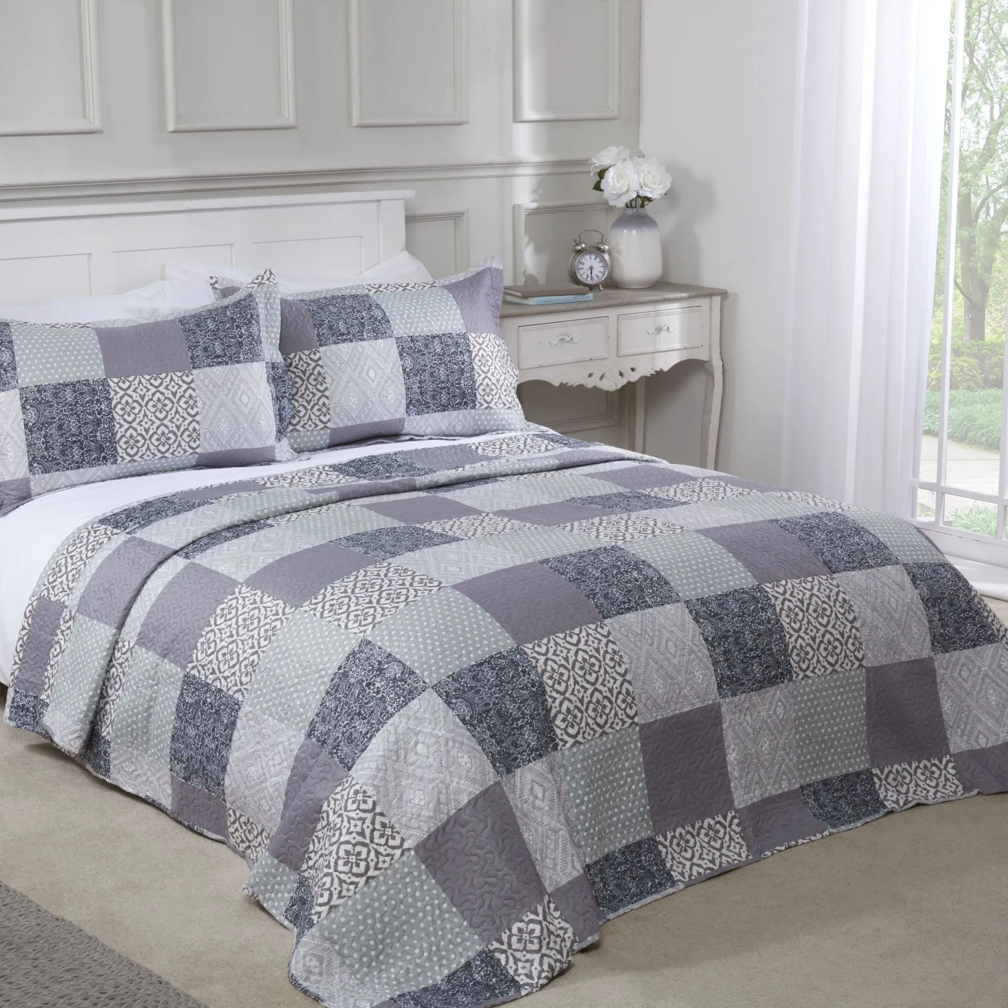 King Size Bedspread Set Patchwork - Blue, Microfibre