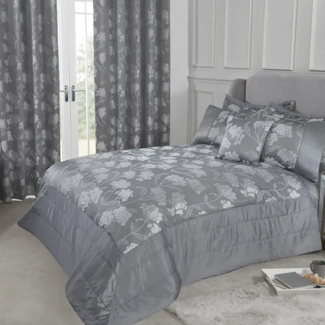 King Size Bedspread Set Quilted - Grey, Jacquard