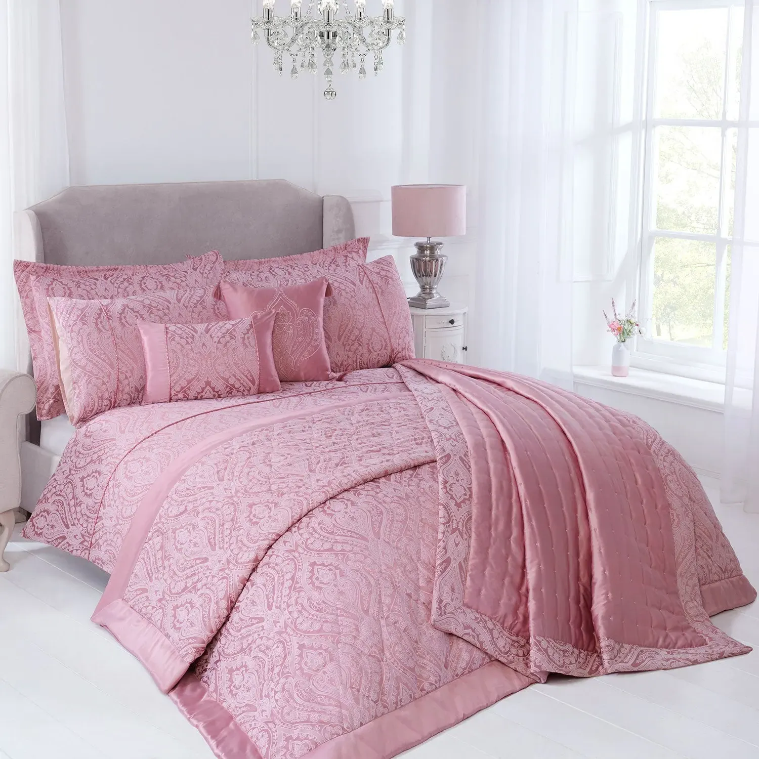 King Size Duvet Cover Set - Pink, Cotton Jacquard