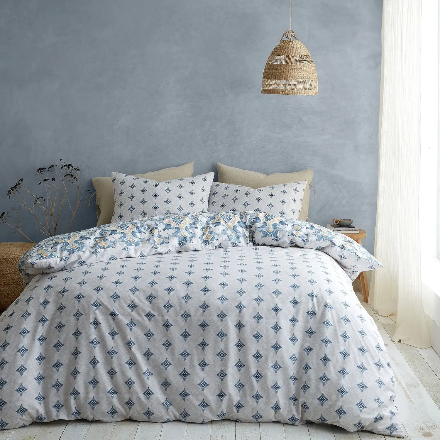 King Size Duvet Cover Set Reversible - Blue, Cotton