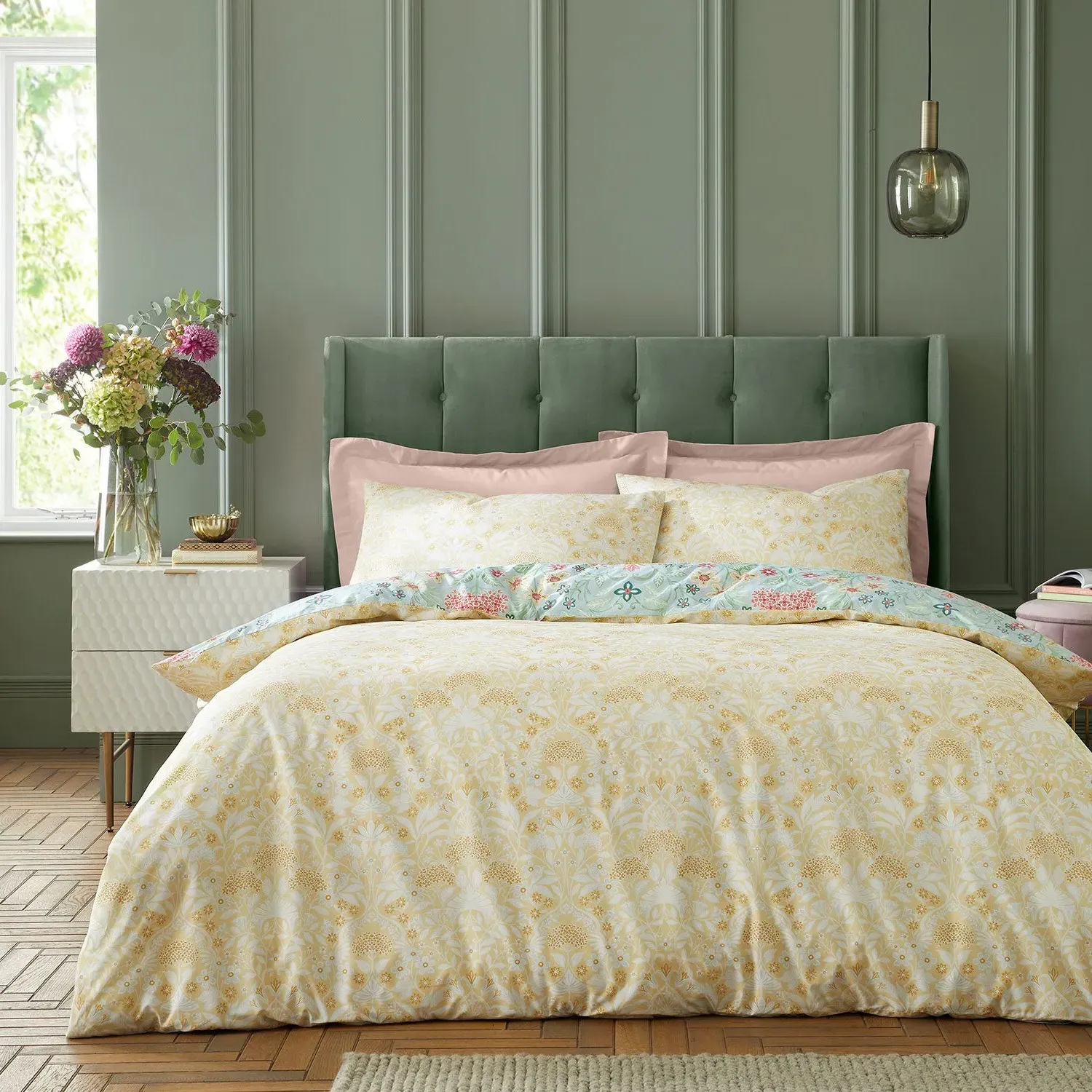 King Size Duvet Set Art Deco Hydrangea - Green, Cotton