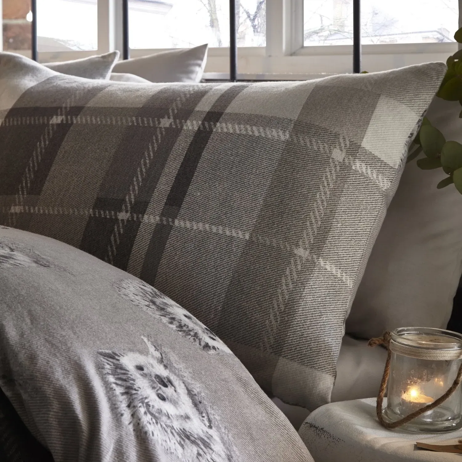 King Size Duvet Set Check Pattern - Grey, Cotton