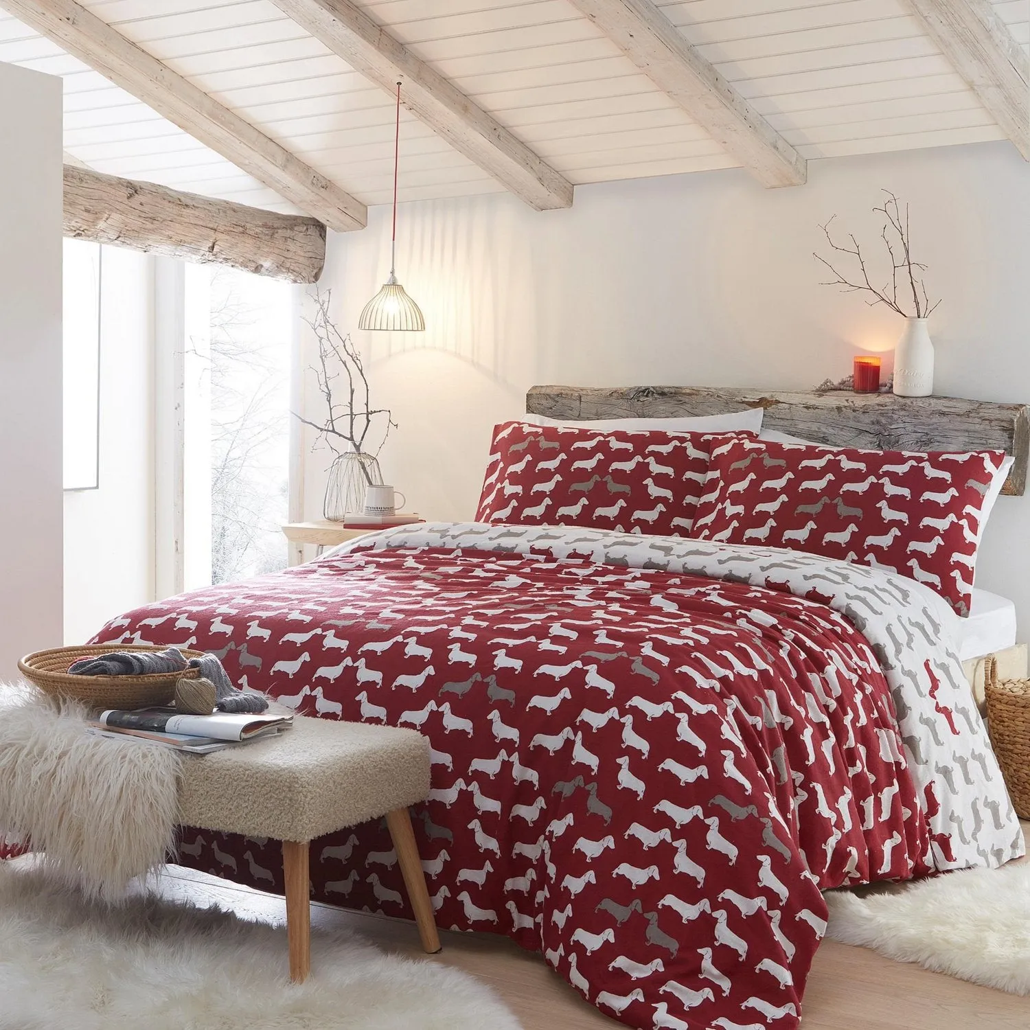 King Size Duvet Set Dachshund Print - Red Cotton