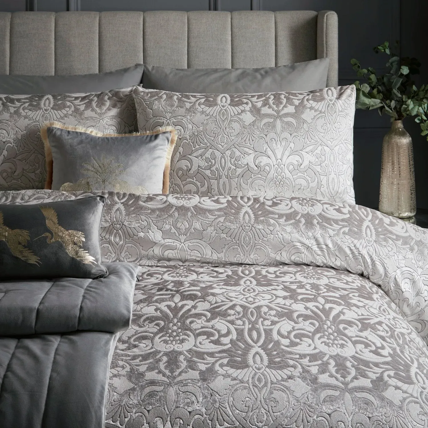 King Size Duvet Set Damask Pattern - Grey, Velvet