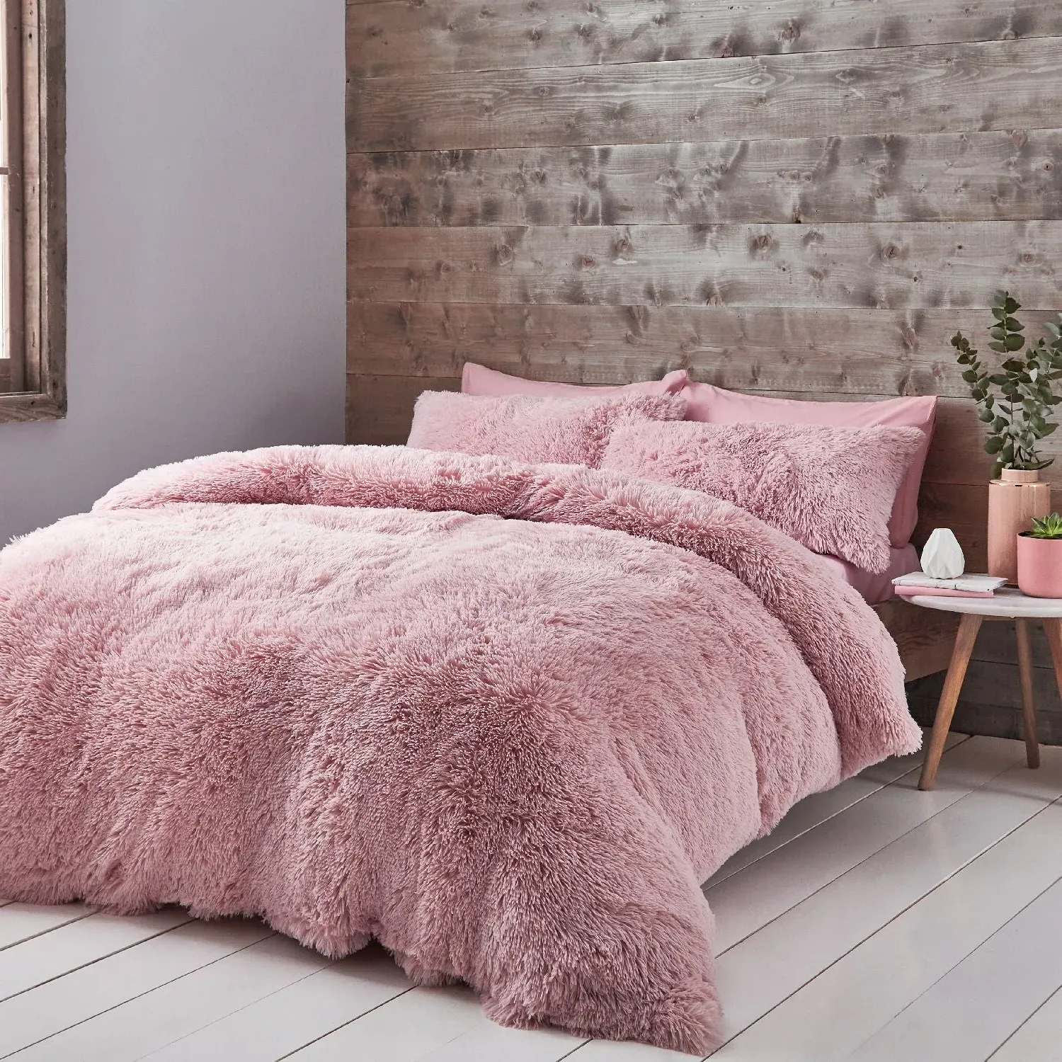 King Size Duvet Set Deep Pile - Pink, Faux Fur