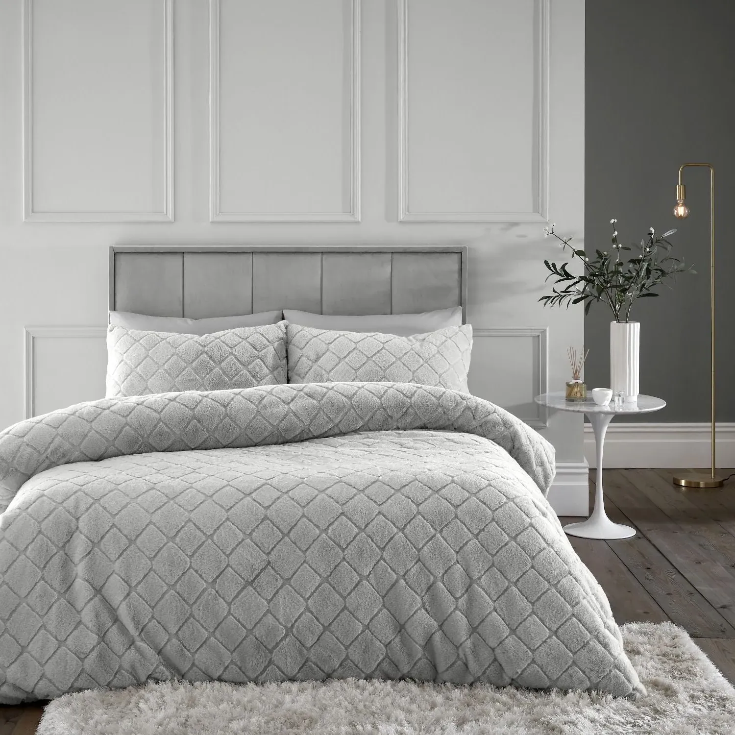 King Size Duvet Set Diamond Pattern - Grey, Faux Fur