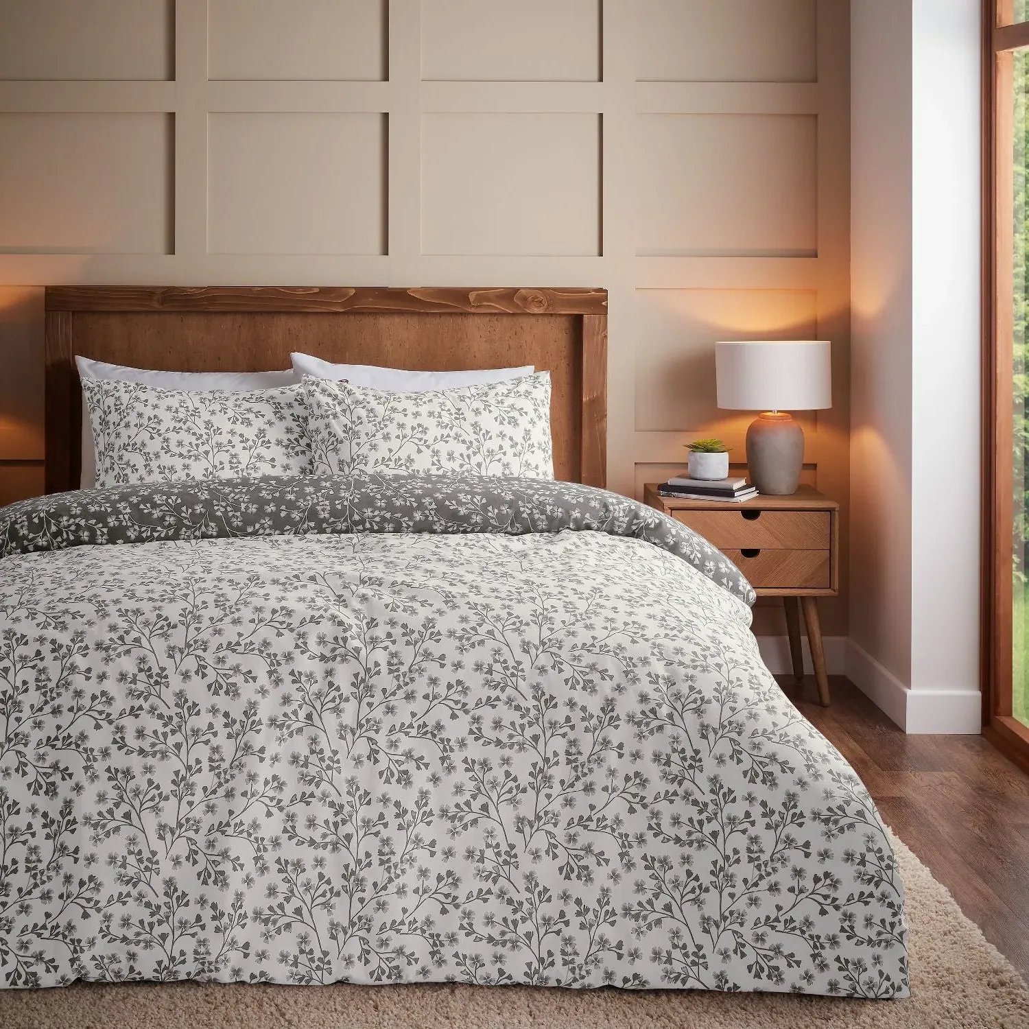 King Size Duvet Set Floral - Grey, Brushed Cotton
