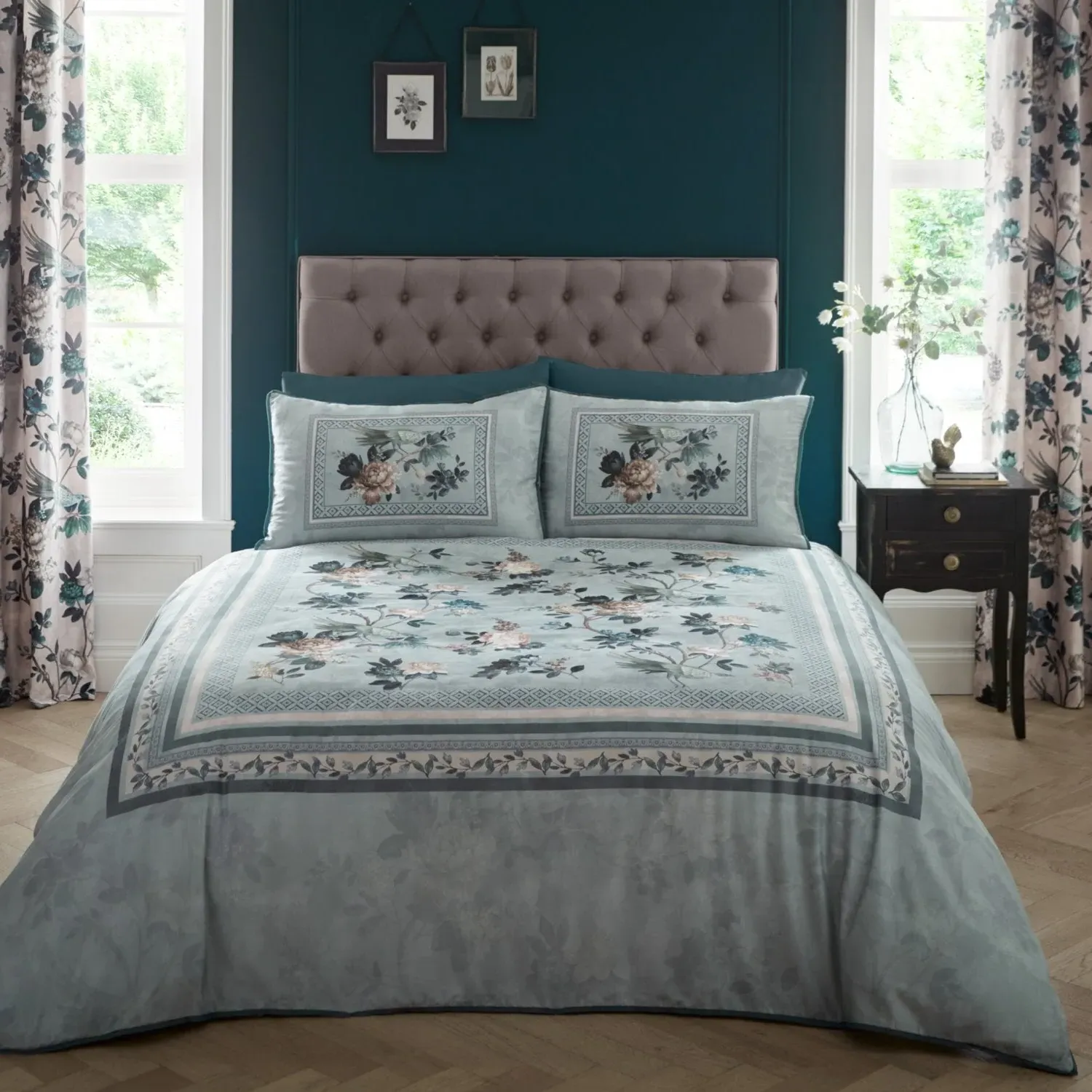 King Size Duvet Set Floral Print - Teal, Cotton