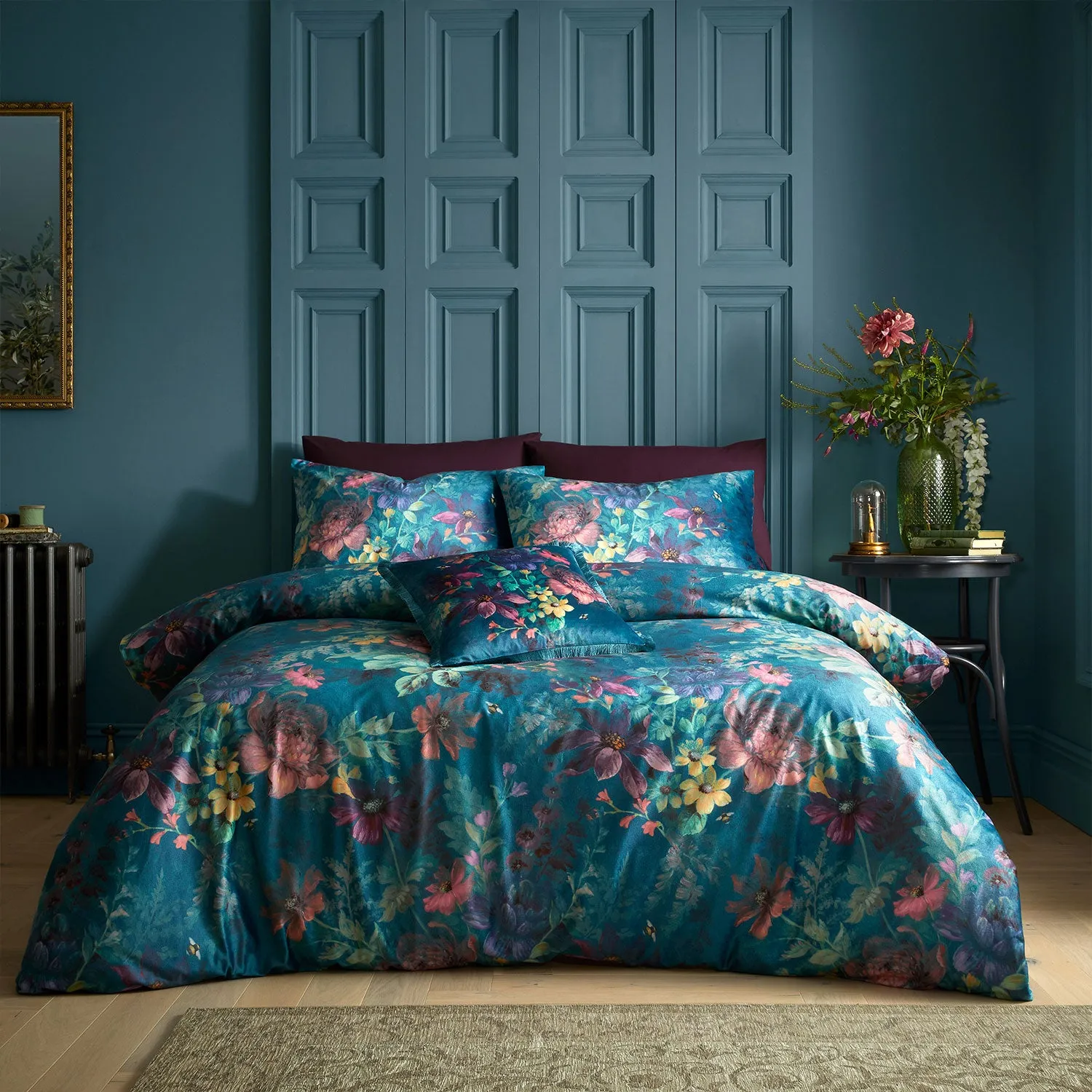 King Size Duvet Set Floral - Teal, Velvet