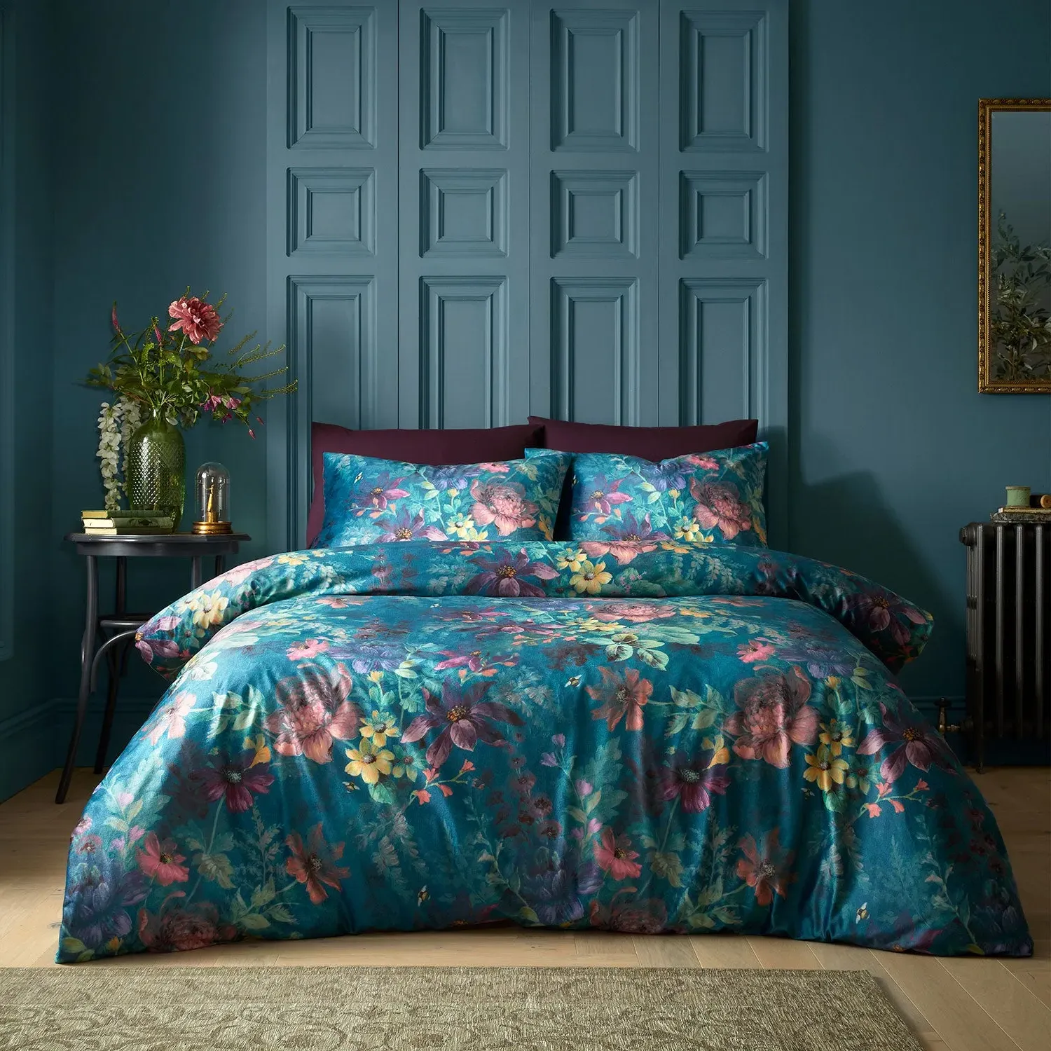 King Size Duvet Set Floral - Teal, Velvet