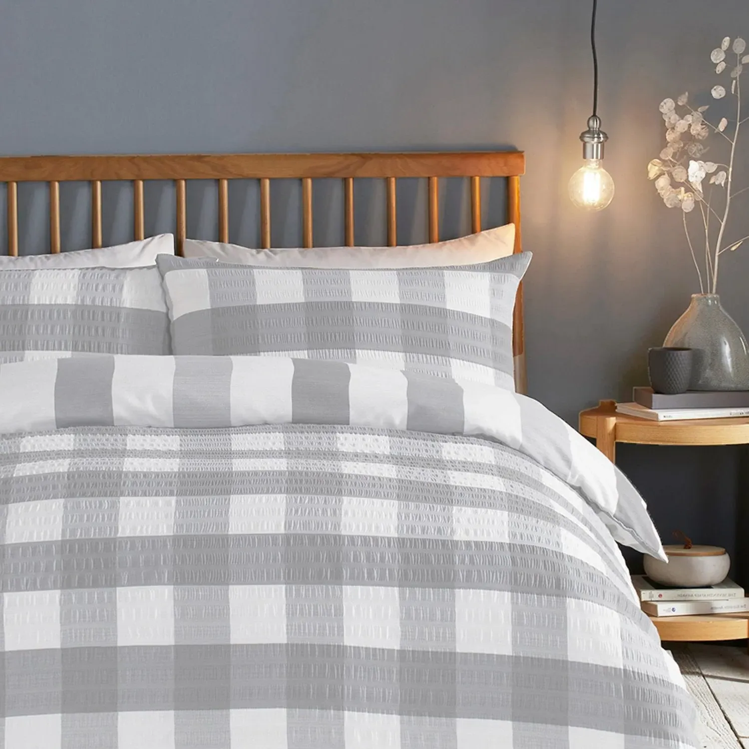 King Size Duvet Set Gingham - Grey, Seersucker