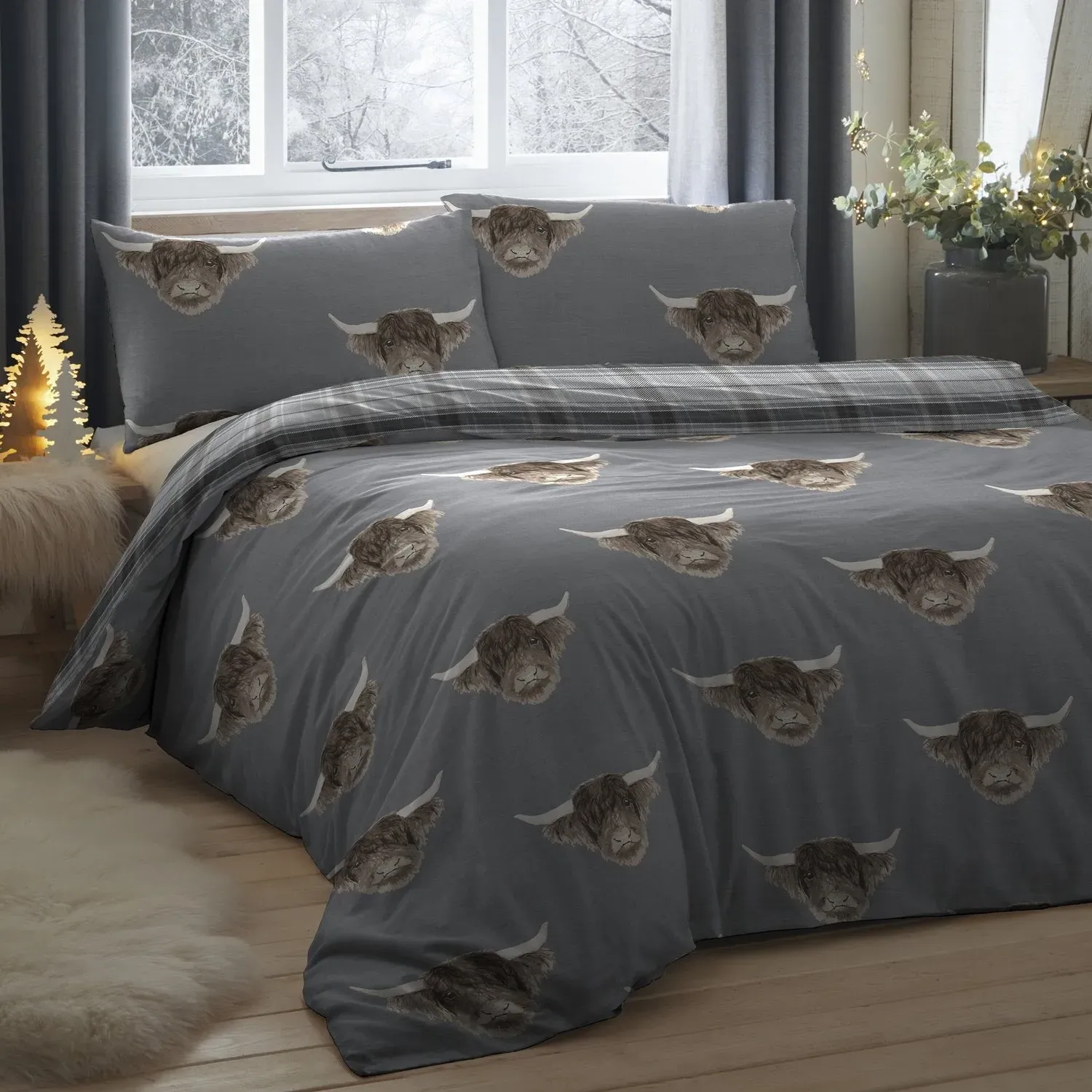 King Size Duvet Set Highland Cow - Grey, Cotton