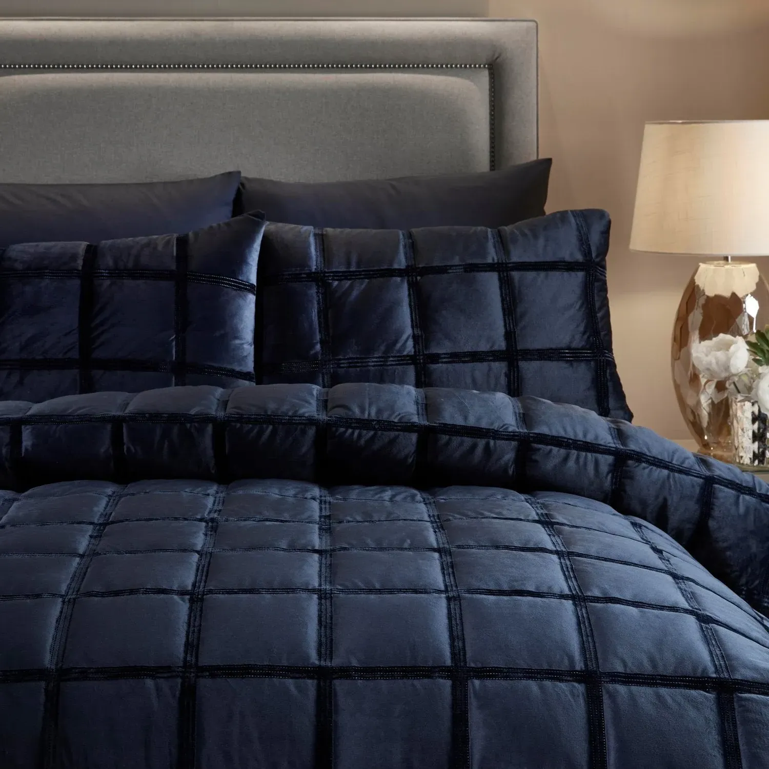 King Size Duvet Set Square Pattern - Navy, Velvet image