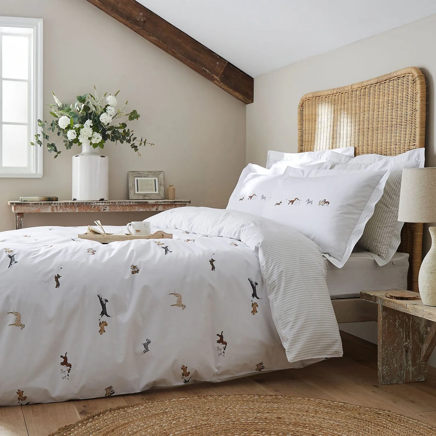 King Size Duvet Set with Dog Print - White, Cotton