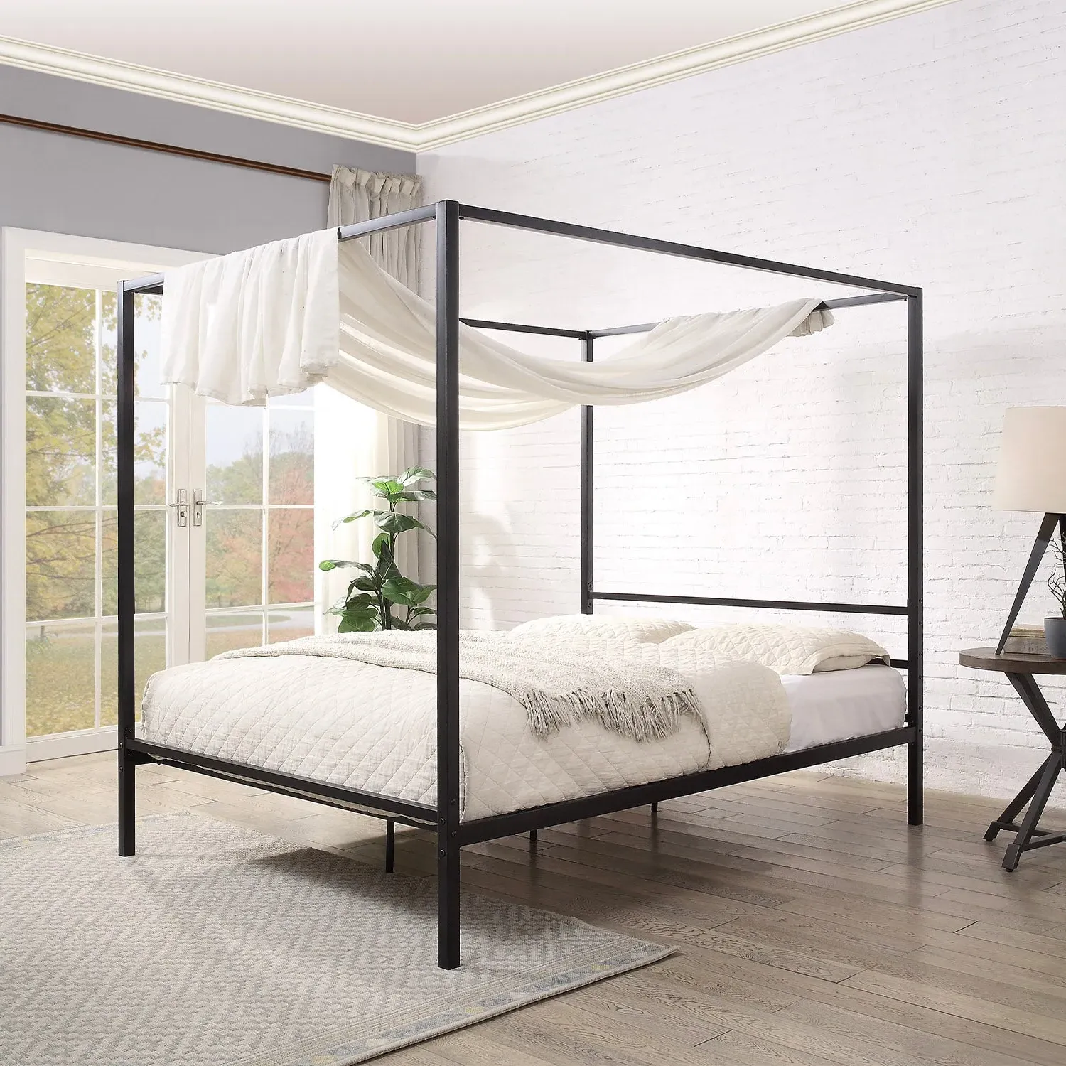 King Size Four Poster Bed with Canopy - Black, Steel
