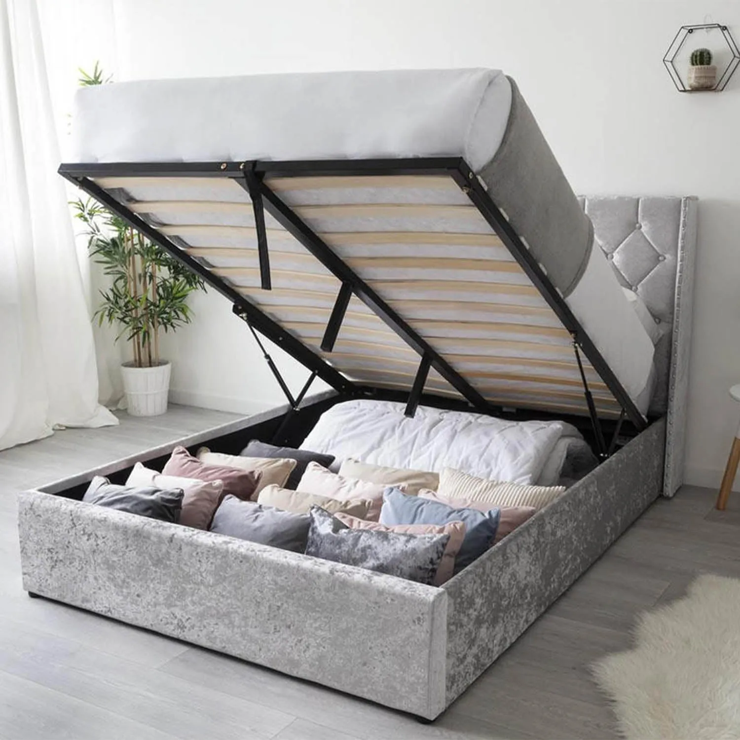 King Size Ottoman Bed with LED Lighting - Silver Velvet